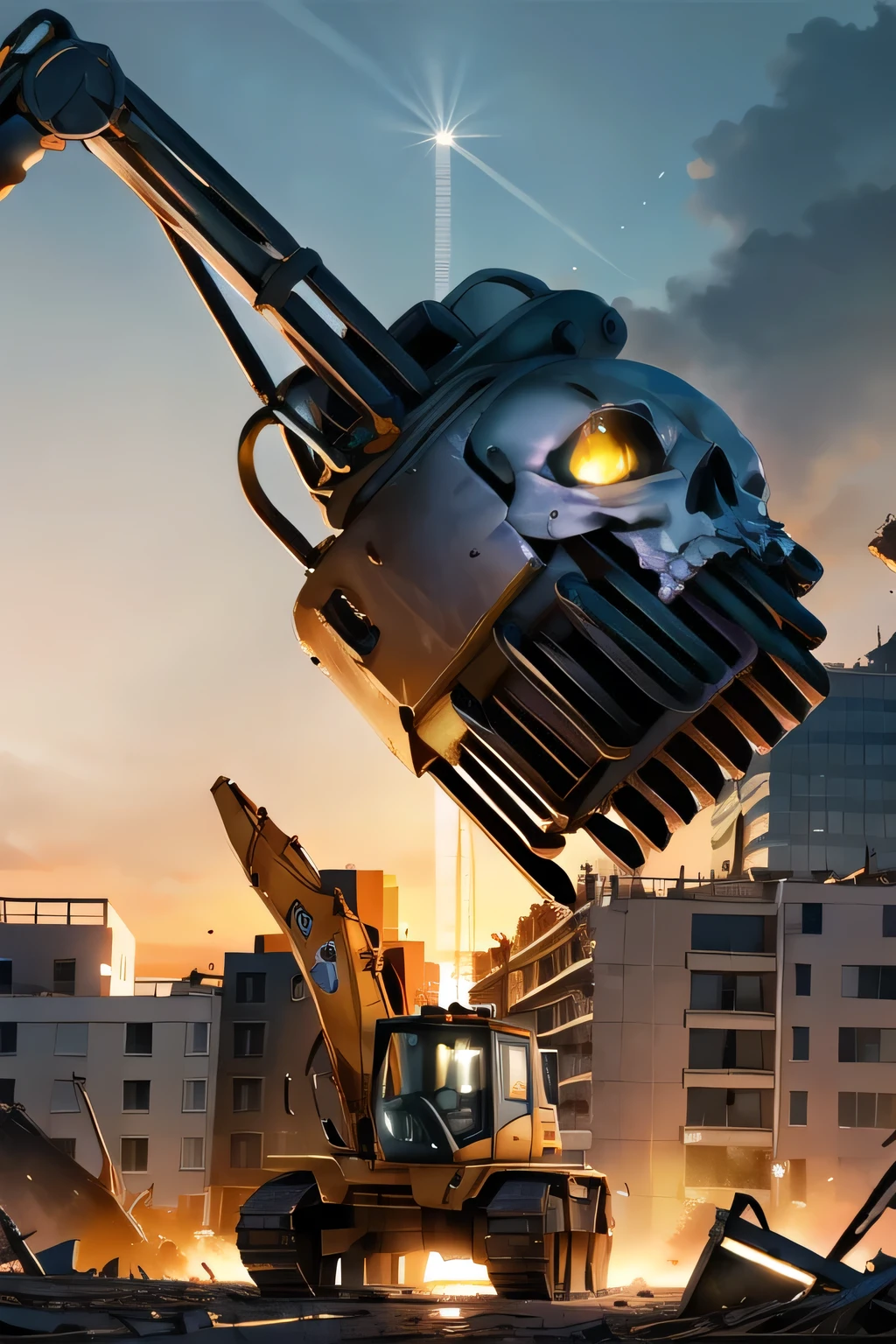 Construction Crane with Iron Ball Can you draw a skeleton soldier being hit in the face by a vehicle，Construction Machine with Iron Ball,Building Demolition Construction Machine，Skeleton Soldier with Face Damage，ruins