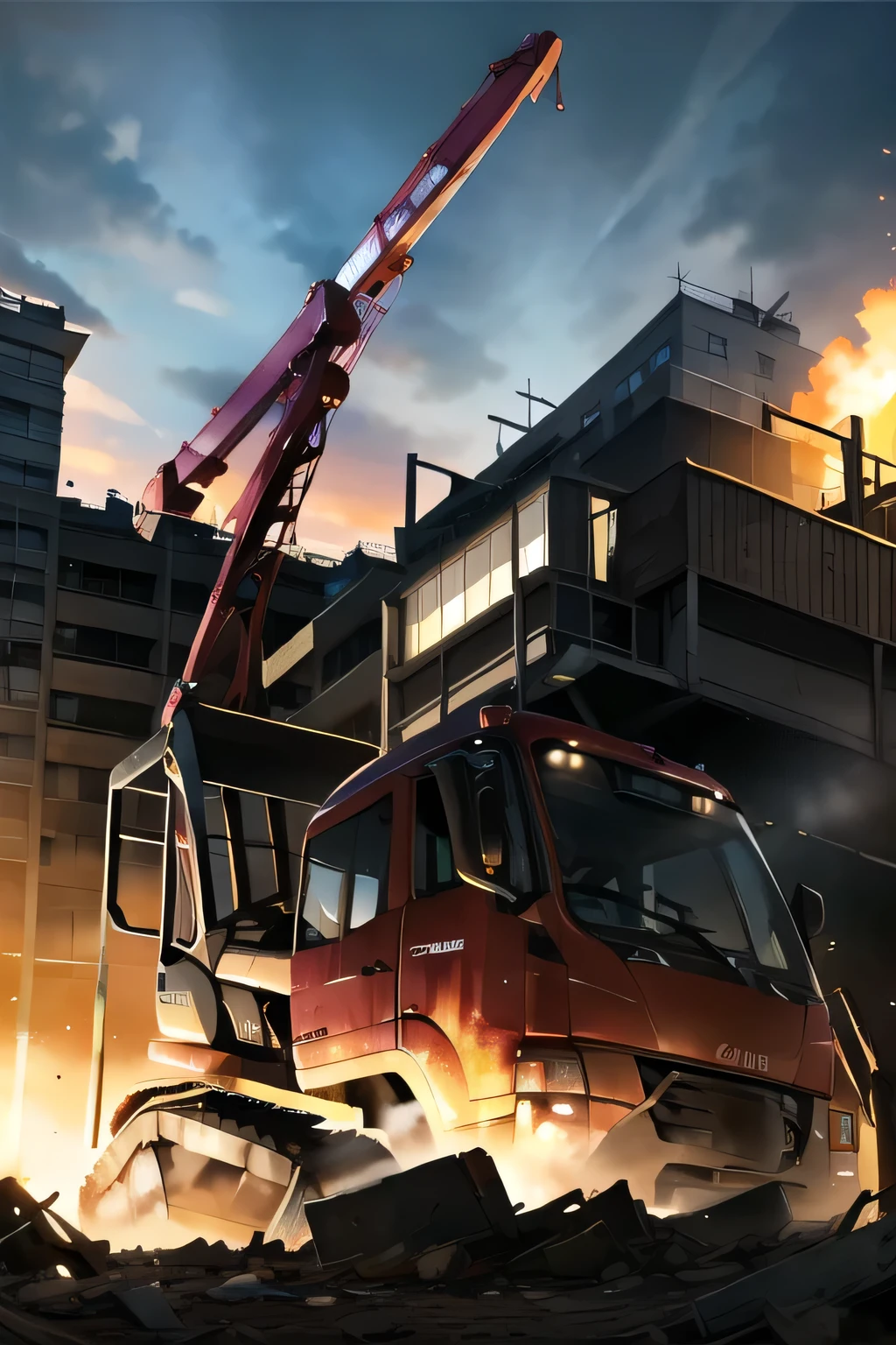 Construction Crane with Iron Ball Can you draw a skeleton soldier being hit in the face by a vehicle,Construction Machine with Iron Ball,Building Demolition Construction Machine,Skeleton Soldier with Face Damage,ruins