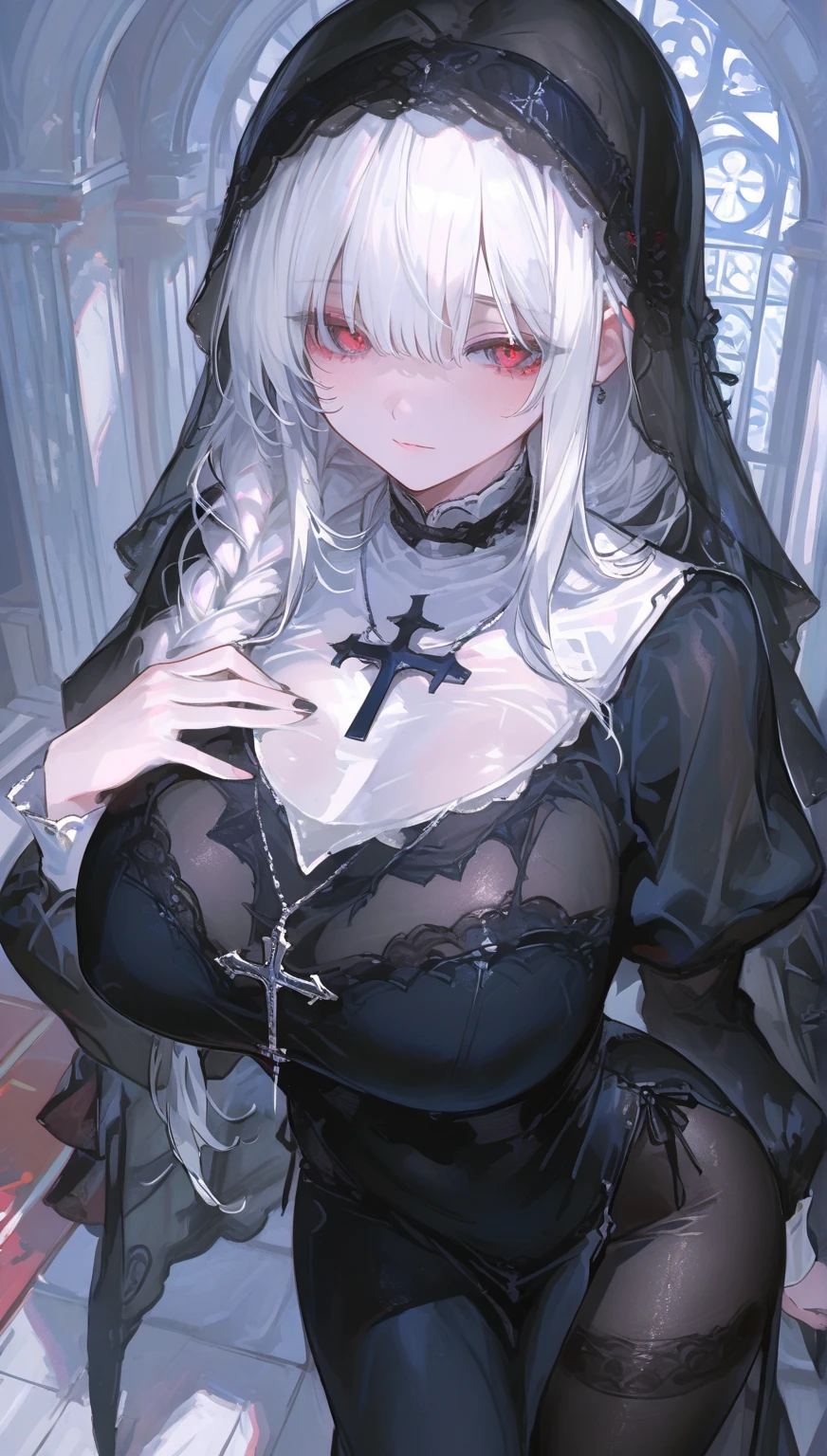 one pregnant anime girl with white hair and red eyes, chained and laying on a bed. Sad. breast feeding