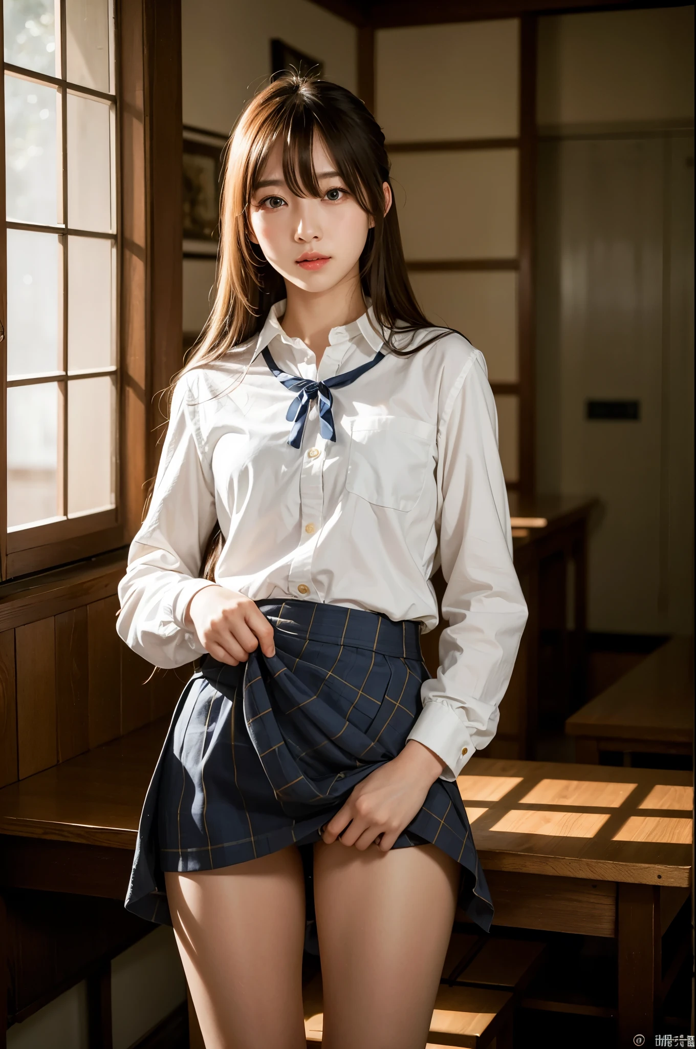 ((long hair))、Ulchan-6500-v1.1, (RAW photo:1.2), (realistic:1.4), beautiful detailed girl, very detailed eyes and face, beautiful and detailed eyes, that'ridiculous, 信じられないほどridiculous., huge file size, very detailed, High resolution, very detailed, highest quality, ((japanese girl' high school uniform)), shape, very detailed, bop, integration, 8k wallpaper, wonderful, small details, table top, highest quality, very detailedYTDユニフォーム8k壁紙, light shines on your face, cinematic lighting, 1 girl, s old, ((dynamic pose))), (standing posture), (pubic hair)