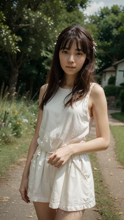 (highres,photorealistic,8k) teenager, shy, sad, with pale skin and big blue eyes, wearing a school uniform, has short brown hair with bangs, and a small nose. The teenager exudes a sense of melancholy as they stand in a serene garden, surrounded by blooming flowers. The vibrant colors of the flowers contrast with the teenager's somber expression, emphasizing their isolation. The garden is bathed in soft, warm sunlight that illuminates the scene with a gentle glow. The teenager's posture is slightly slouched, and their eyes are downcast, conveying a sense of introspection and sadness. Despite the melancholy, there is a delicate beauty in their features that is captivating. The intricate details in their eyes and face further enhance the hyper-realistic nature of the image. The overall composition captures a moment of vulnerability and emotional complexity that resonates with viewers.