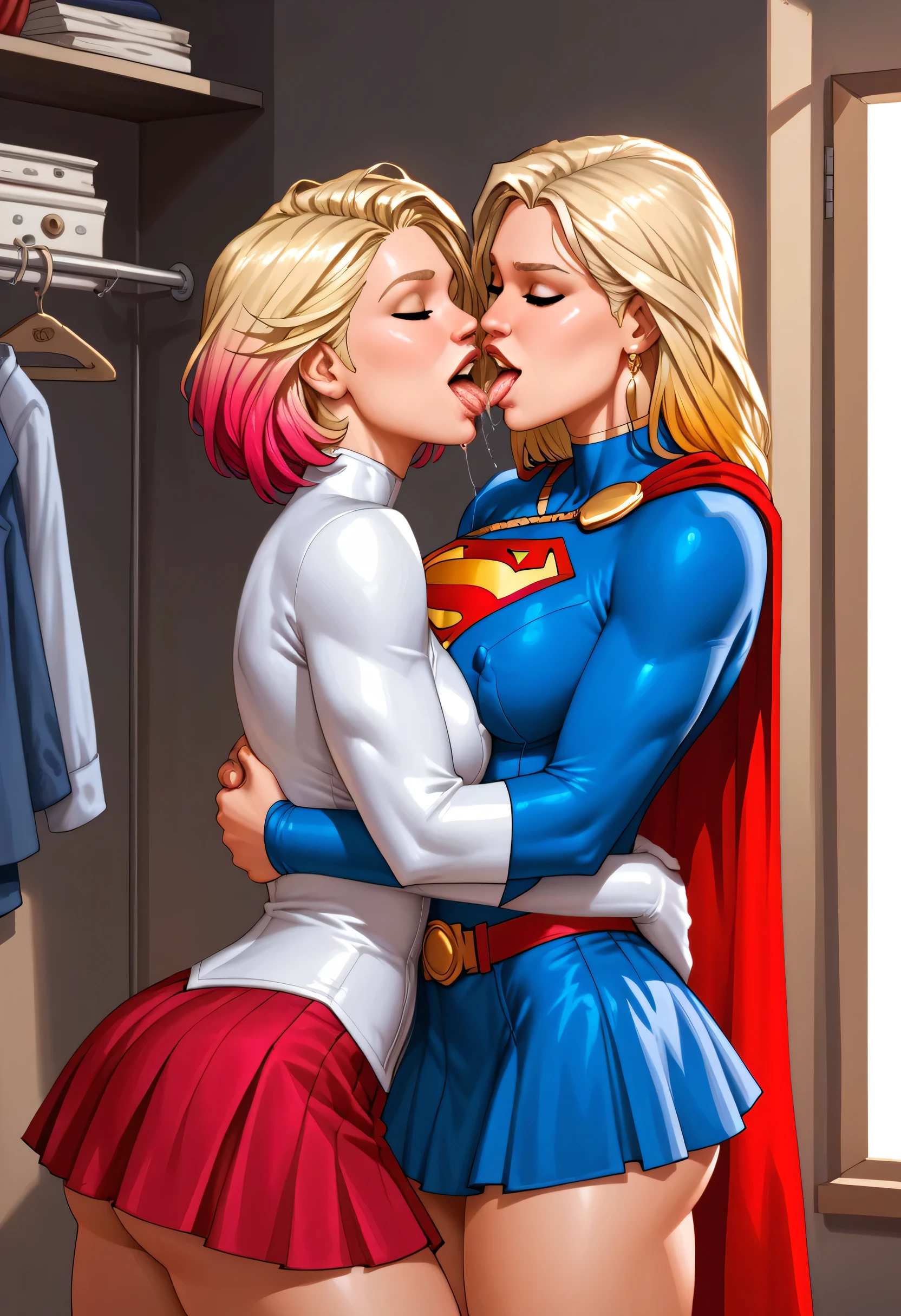 obra-prima, best quality, 2 s, Two plus-size women in Supergirl and Powergirl uniforms found locked in the closet. beijo, hug, (On the wall ), (suor:1.2), par, (corar), (trace of saliva), big ass, skirt raised, meias altas, ligas, Salto alto, prominent nipple, multicolored hair