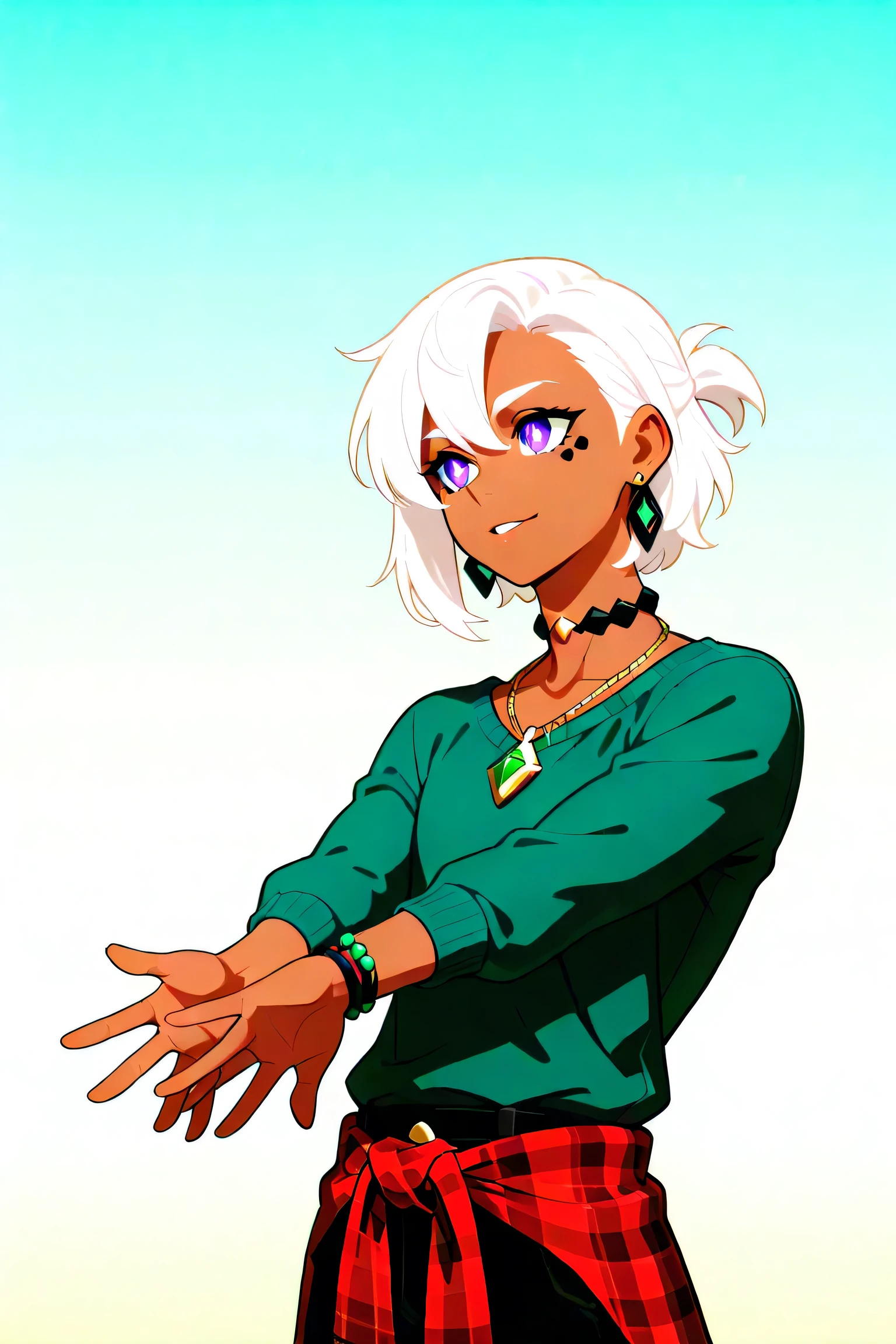 man, solo, dark-skinned, violet eyes, white hair with black spots, with a sweater around the waist, and with black flannel, with an orca whale fin sticking out of the waist, with an earring on the left ear and with a necklace of round green jade beads on the neck and with two wide black metal bracelets on the wrists, masculine, looking at the horizon, as he stretches.