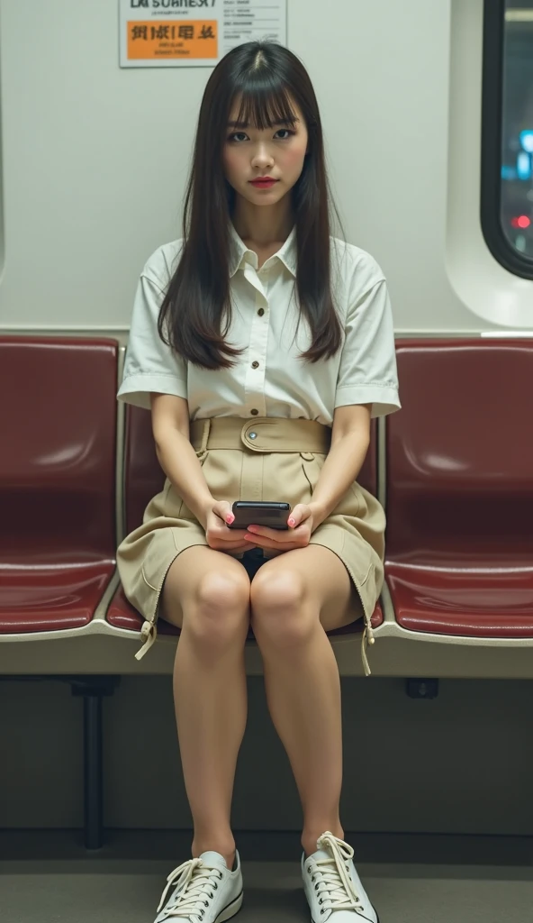 photograph of a young woman, black hair, white, wide angle, full body sitting, being inside a London subway car, has a folder in her hands, looking with a surprised face to the sides