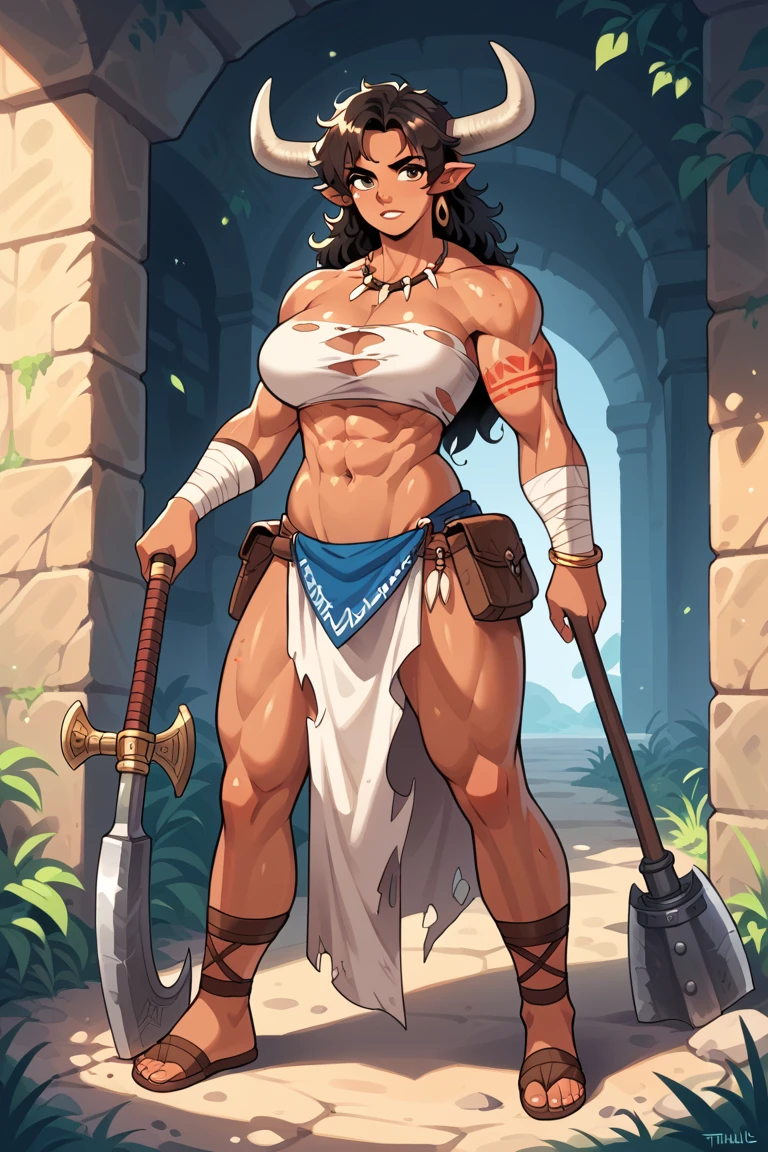 gogo, long hair, black hair, tallgirl,darkskinned-female,, musclegirl, fantasy,barbarian,berserker,huge breast,revealing cloths, full body, boots, holding lance, boots, , walking