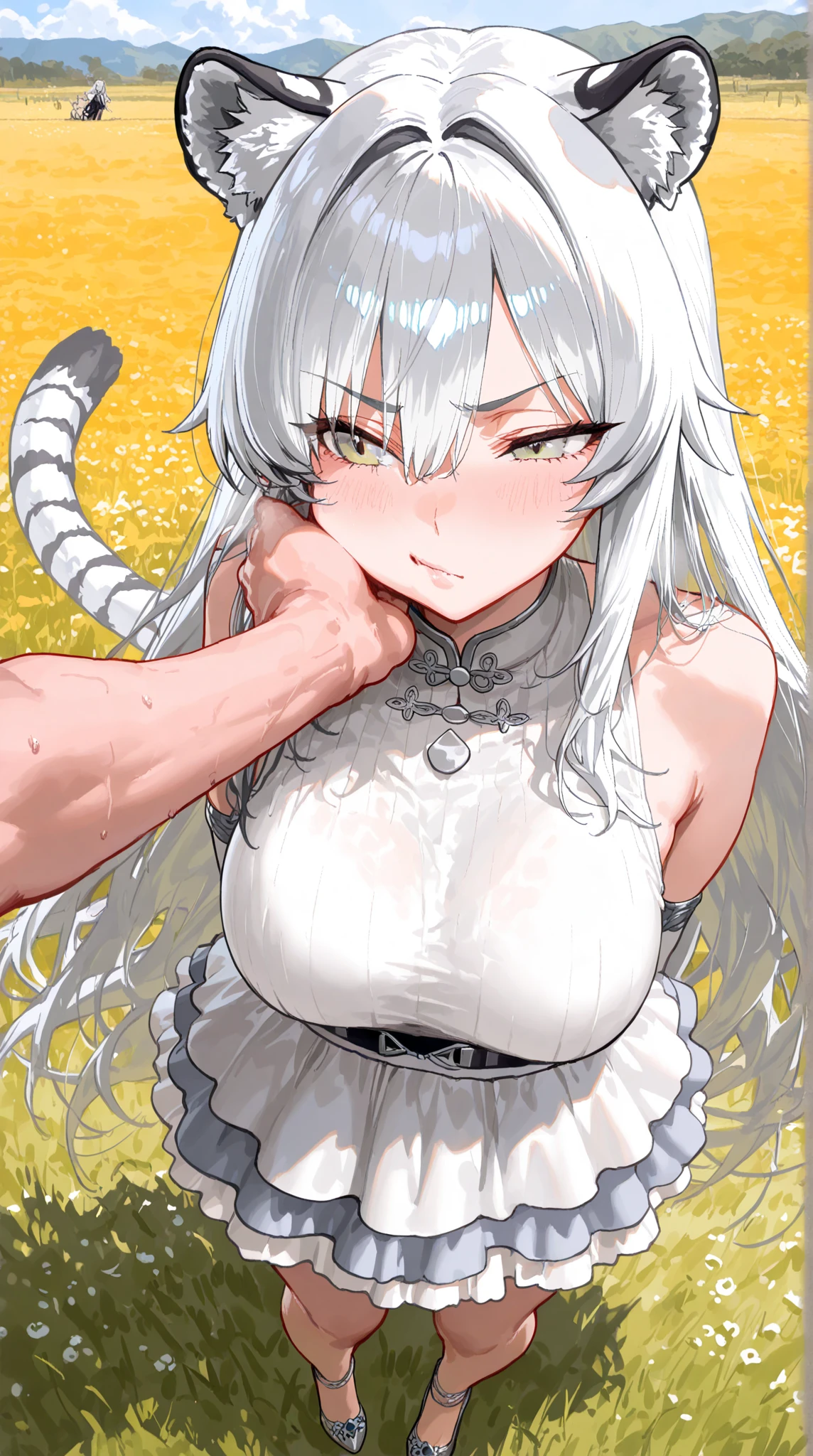 Atlas Fayon woman 40 years, white hair with black stripes ,white tiger ears, closed eyes, mujer ciega con closed eyes, disfraz de explorer, green low cut leather tops, green leather shorts, explorer, big breasts,, background of a chinese castle. sweat on the body, sweaty leather, happy smile,