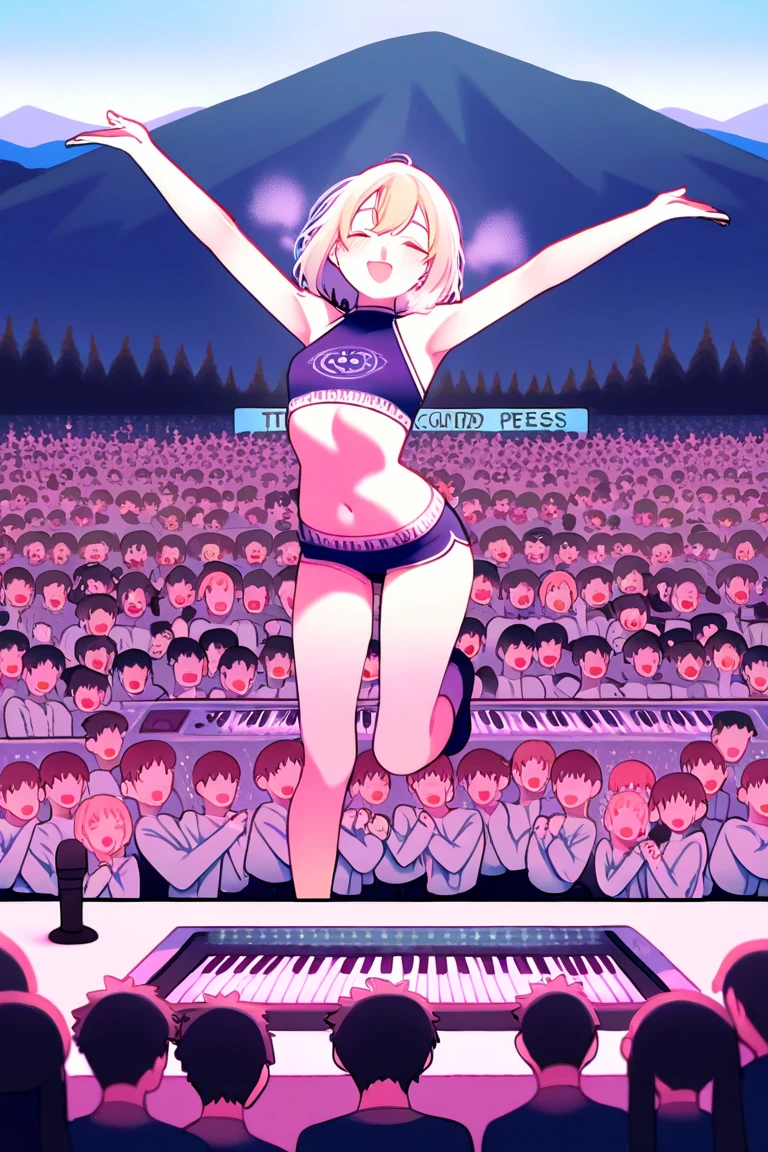 (masterpiece, best quality, high resolution, extremely detailed:1.2), (((3girls in a band))), (nude:1.2), ((summer, sun )), ((concert stage)), (embarrassed, blush:1.25), singing, outdoor concert, (crowd:1.4), <lyco:MultipleGirlsGroup:1.0>