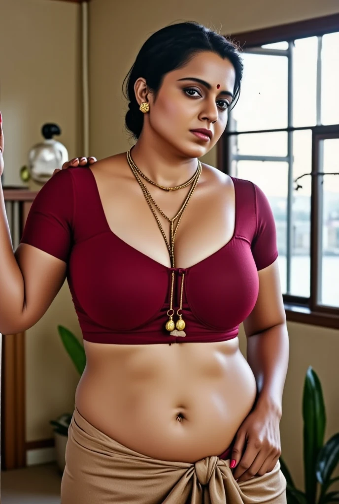 (RAW photo, natural lighting, best quality:1.15) Indian woman Nisha, wearing colorful saree blouse, 20 years old, (chubby cheeks:1.1), (curvy body:1.2), (flat belly), (eyeglasses), (bindi), An Indian beauty, charismatic, dark Indian- skin, view the viewer, naughty smile, Indian slums, (detailed facial features)