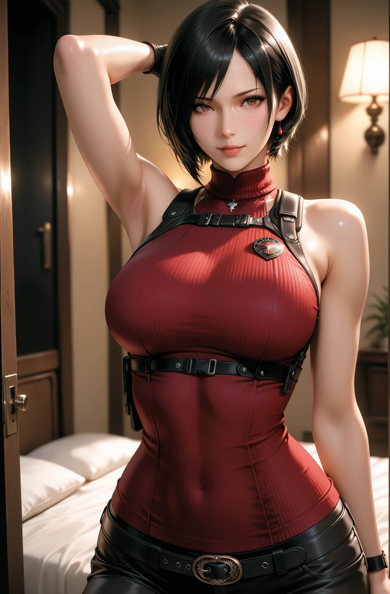 super fine illustration, ultra high resolution, masterpiece, highest quality, perfect shiny shinny skin, perfect lighting, detailed lighting, dramatic shadow, ray tracing, 1 beautiful milf, looking at the viewer, big breasts, exposed cleavage, beautiful detailed brown eyes, sharp face, clear eyes, red lips, long bangs, black short bob hair, ((cyberpunk dark city)), Upper body, Red long China dress, military harness, Aida Wong - Resident Evil Series,