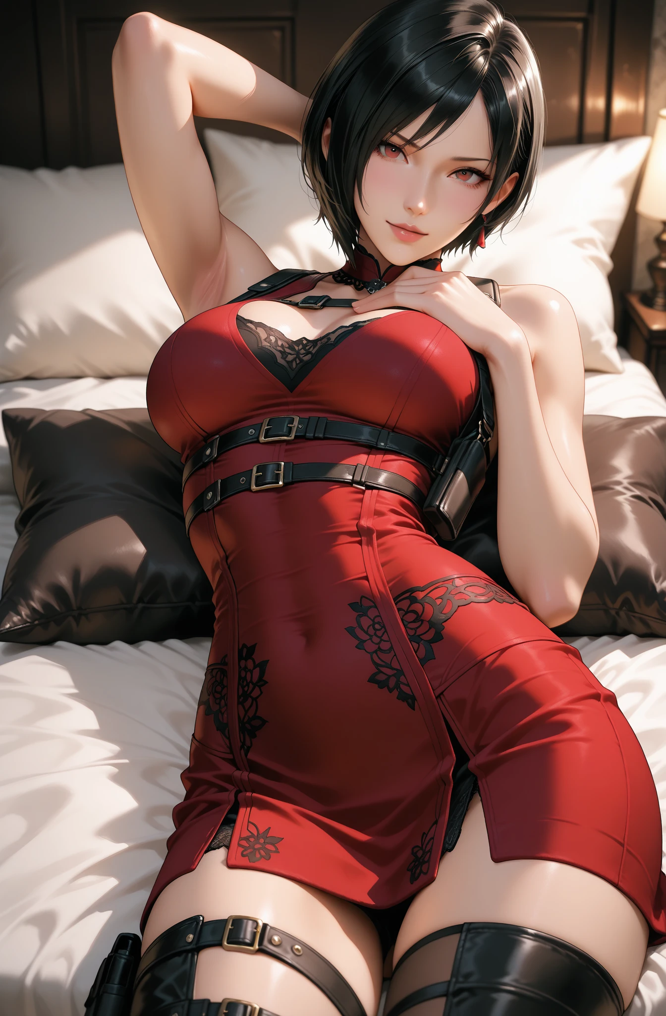 (best quality, masterpiece:1.3), kneeling, ultra high resolution, ultra high definition, Extremely detailed CG unified 8k wallpaper, sharp focus, Ridiculous, (actual skin, Delicate skin), (perfect anatomy), glossy lips, rest (cute face), (official art, Beautiful and beautiful), (1 girl), (Sweet smile), (happy), alone, Permanently installed, depth of field,hotel room,(((big breasts))), (((cleavage open fitted silk halter lace deep v-neck cocktail dress))), (((Cleavages))), hips up, medium hair, Collar, 30 years old mature korea woman, no make-up, ((no shadow)), sexy pose, ((stockings)),((garter))
