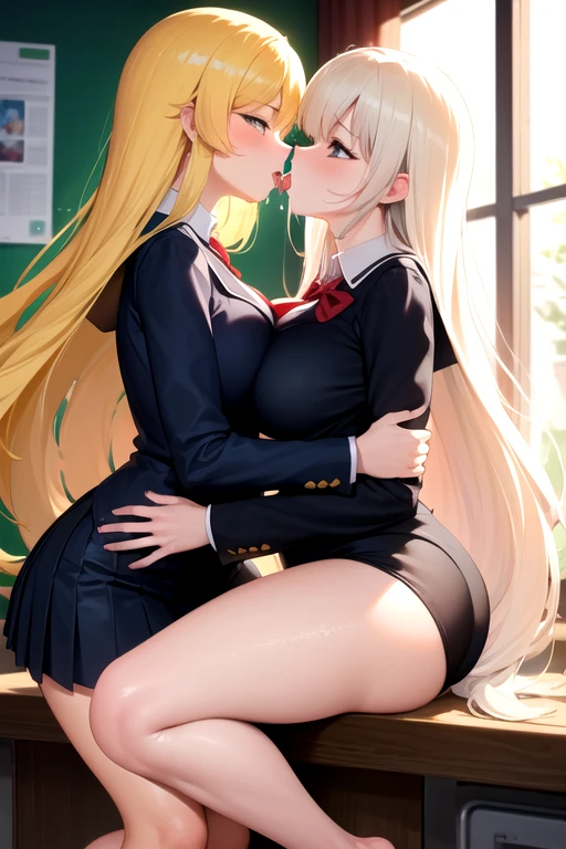 Lesbian (very long loose yellow hair)(big breasts, big thighs)(with school uniform clothes it is very tight) that he is kissing at school with his girlfriend,(big breasts, big thighs)lesbian love