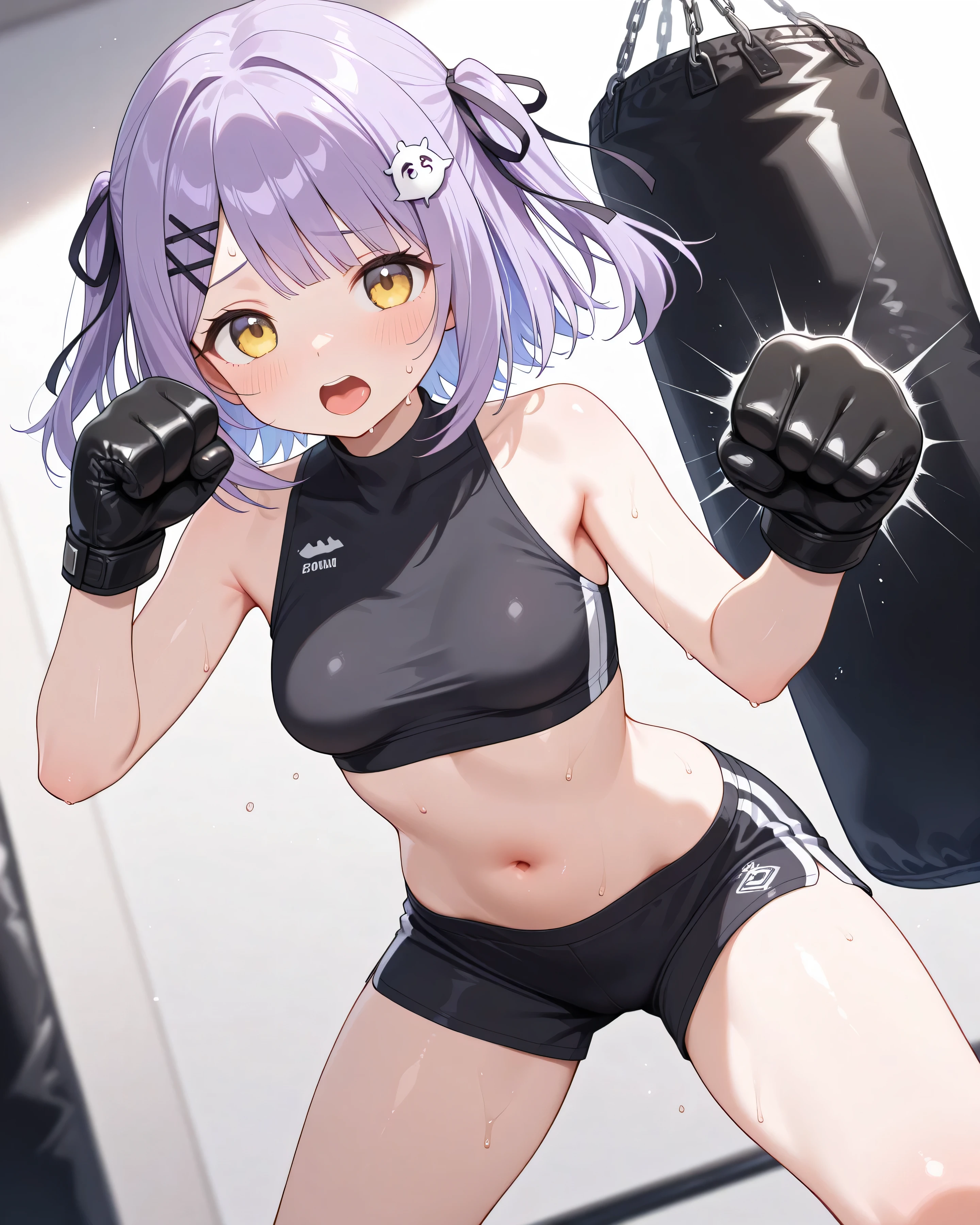 (best quality,amazing quality,very aesthetic,absurdres,newest,4k,8k), shinomiya runa, 1girl, solo, virtual youtuber, purple hair, two side up, short hair, yellow eyes, hair ribbon, black ribbon,hair ornament, hairclip, short breasts, black training wear, sleeveless, open stomach, black short thights, boxer gloves, punching bag,(punching:1.5),(spread legs:0.8),(open mouth,tongue:1.0),(sweat:2.0) training gym