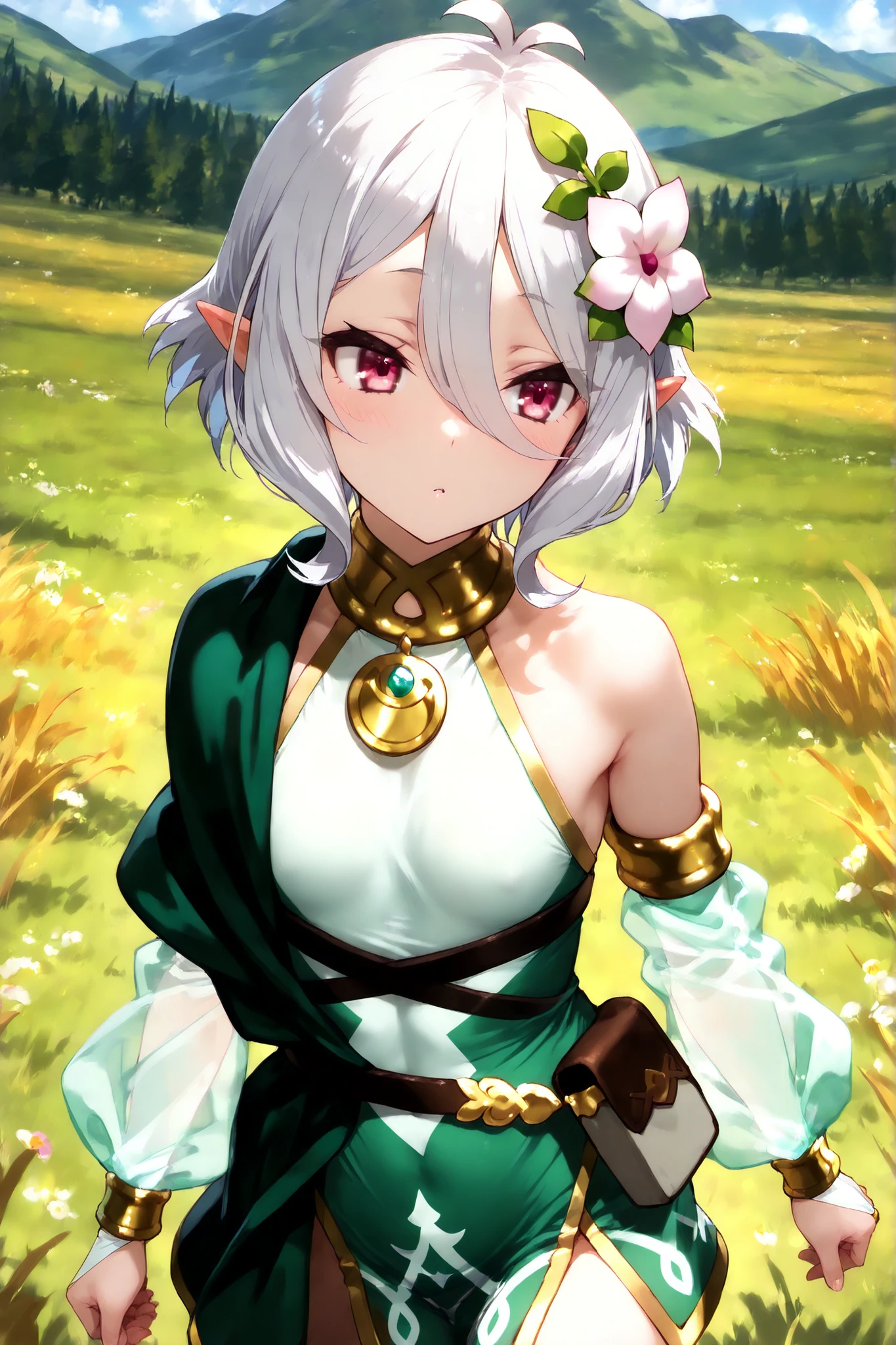 (((masterpiece))), (((best quality))), (((super detailed))), grassland, fantasy, walking, 1 girl, kokkoro, short hair, hair between eyes, antenna hair, white hair, magenta eyes, pointy ears, hair flower, KokkoroDress, sleeveless dress, armlet, gold trim, asymmetrical clothes, green cape, strap, bridal gauntlets, see-through sleeves, belt pouch
