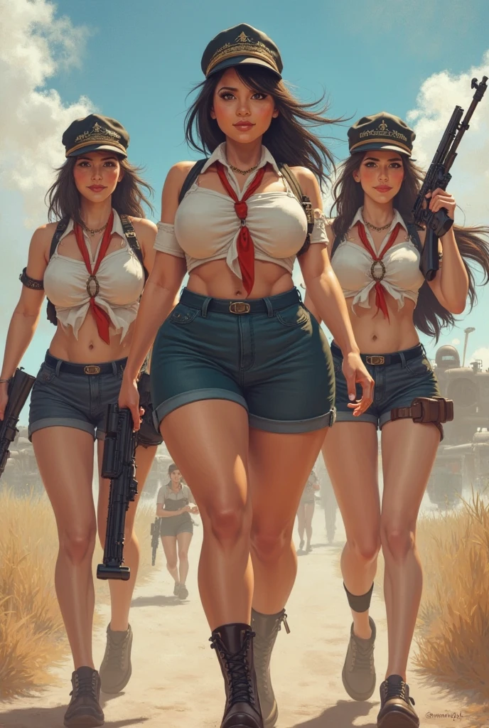 Woman big breasts, defined belly, bikini with military print, rifle