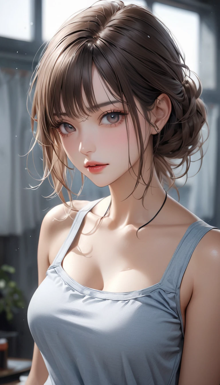 From above,Over Head Shot,Onsen,(Lying),(on back),1girl in,(Ultra detailed skin),Curve,Petite,Beautiful breasts,(Large breasts),pale skin,pointed breast,Erect nipples,(Fantasy Art,Highest image quality,Hyperrealist portrait,(8K),Ultra-realistic,Best Quality, High quality, High Definition, High quality texture,high detailing,Beautiful detailed,fine detailed,extremely details CG,Detailed texture,realistic representation of face,masutepiece,presence,Dynamic,Bold),Ponytail,(super thin hair),(ultra soft hair),(ultra straight hair:1.5),Swept long bangs,Extra bright coppery amber hair,Hair over one eye,Clothed,Baggy T-shirt,Swimsuit
