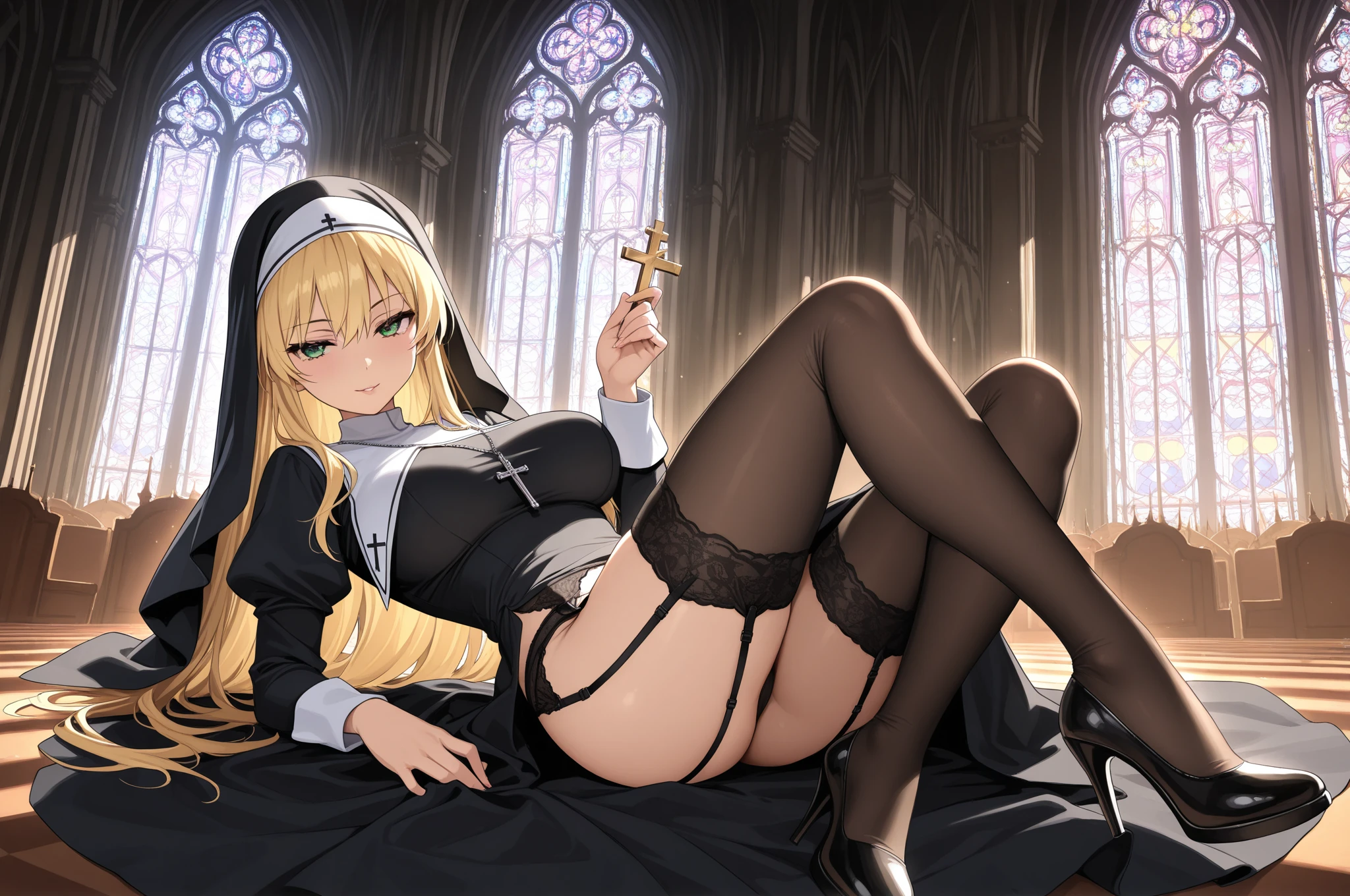 seductive nun sitting on a bench in a church with visible large breasts, big green eyes, blonde braids, gaze directed at the camera, colorful flames and sparkles and flowers behind the figure, visible lace underwear, legs spread