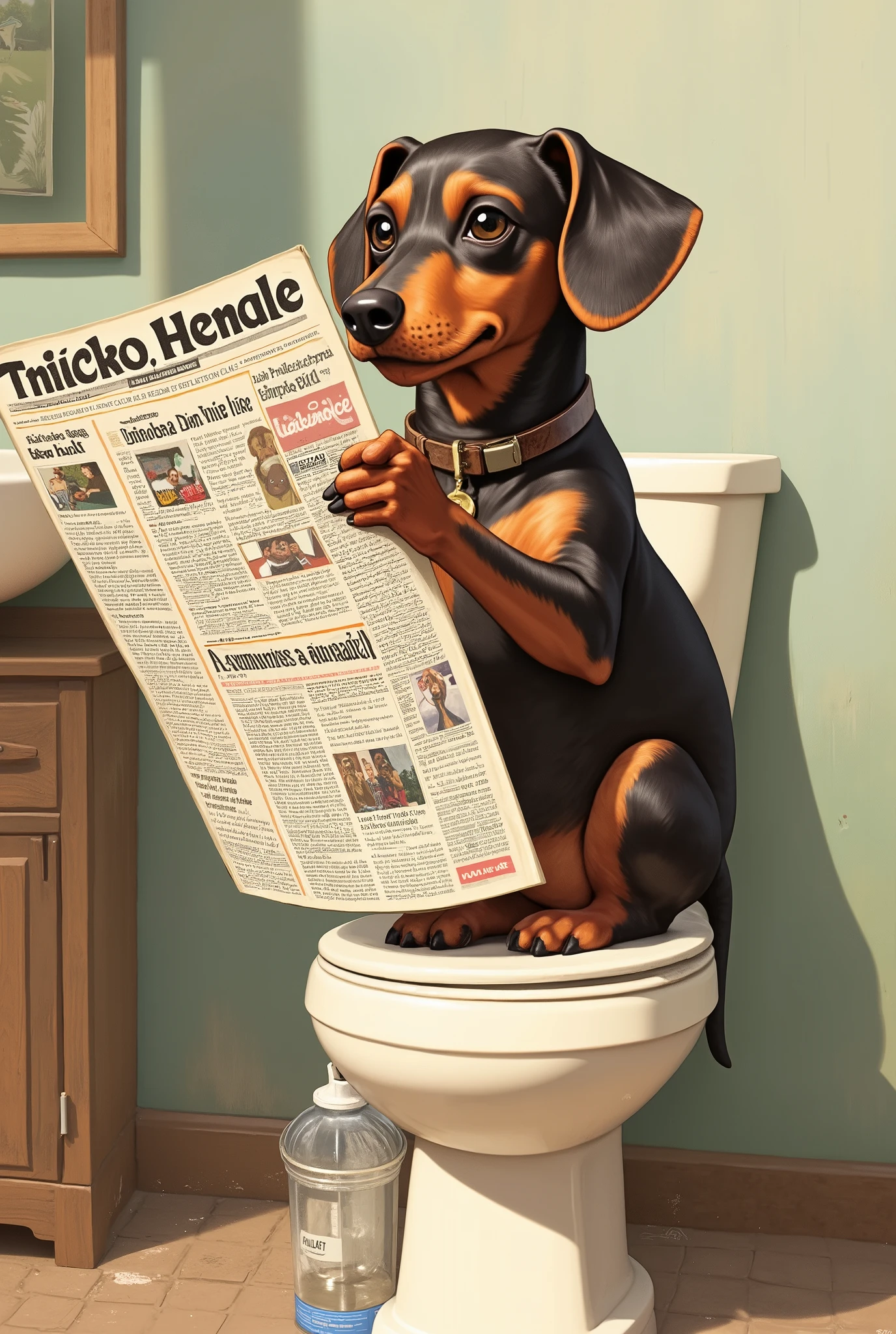 Dog Sitting on Toilet Reading Newspaper, Illustrated art, Mixed Art, in the bathroom, very funny oil painting, Super humorous oil painting of a cat playing a piano , canvas art print, framed poster , featured art , Large portrait, Classical portrait, very high quality artwork, fine art print, Illustrated, Art Posters , Framed poster , Detailed Art, funny illustration ,dachshund