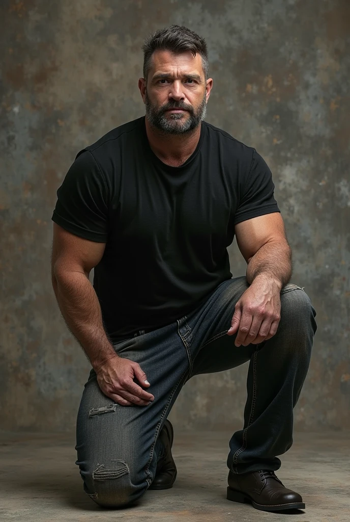 an exaggeratedly muscular and large bodyguard, grizzly old man, (bald: 1.2), beard, tan skin, (scars on face: 1.1), (suspicious expression: 1.1), (wearing black collared shirt: 1.2), unbuttoned, pants with belt, (crotch bulge: 1.2), (bara pecs: 1.3), (hairy chest and forearms: 1.2), portrait HD, in the jungle