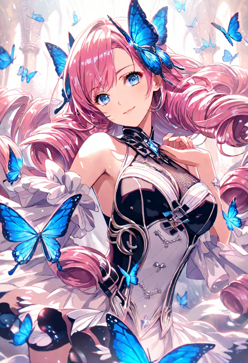 Magenta hair, hazel eyes, older woman, hair bows, cat ears, long hair, smiling face, sexy outfit, butterflies, teal and gold outfit, butterfly background 