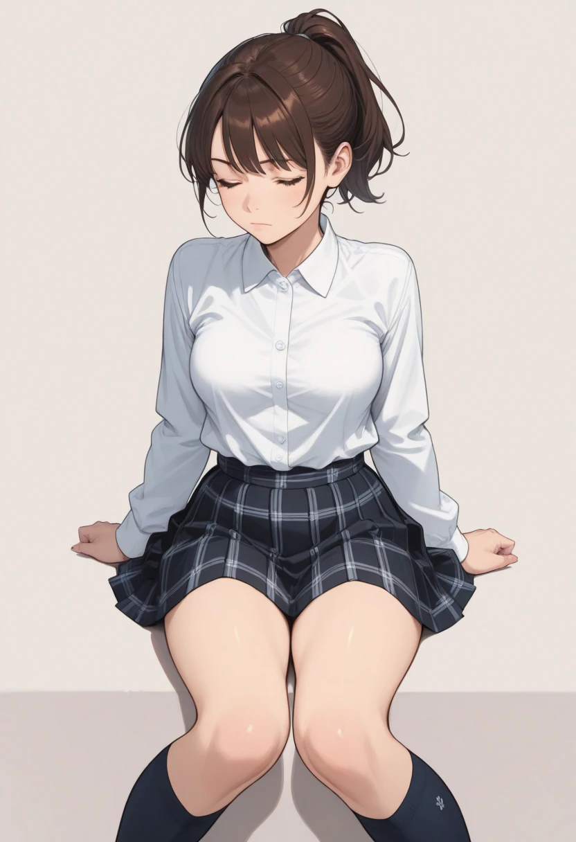 Riko Yusaki、Rico Yuzaki、Longhaire、Green skirt, Plaid, plaid skirts, Southwest College Uniform, School uniform, Skirt, Sweater Vest, (Yellow sweater:1.3), Short sleeves,​masterpiece、top-quality、best、超A high resolution、Full body portrait、intricate-detail、An ultra-fine illustrations、perfect anatomia、Correct anatomy、perfectly proportions、face perfect、Hands are２Boken、perfect hand、The feet are in２Boken、perfect foot、Perfect fingers、Small toes、Precise size and balance of upper and lower body、18year old、Schoolgirl with mature body type、A high school girl with long、女の子1人、Whole body from head to leg、full body Esbian、small tits、Small toes、Small toes、Skinny Legs、laying on back、M-shaped legs、Opening legs、Opening legs、Inter-strands、Facing the front、Composition from below、Composition from the front、Panchira、Inner thigh-sitting、Sit on the floor with bent knees and legs open、Front-facing、Lower body facing forward、Slender feet、Slender thighs、Slim toes、Lying on a white bed facing the front、Slender feet、legs slightly open、Sleeping in a big letter、Legs are spread、Hands are slightly raised、brown haired、Medium Hair、Medium haircut、Panting face about to cry、red blush、Embarrassed look、A slightly sad look、Black_Wearing white panties inside stockings、Wearing white panties inside black transparent stockings、Wearing white panties inside black stockings、Wearing white panties inside black pantyhose、Wearing white panties inside black lace pantyhose、Wearing white panties inside stockings with black lenses、Wearing black light pantyhose and white panties、Wearing black transparent pantyhose and white panties、No shoes、No shoes on、pure white under black stockings,,,,_panties on、Panties are visible through a navy blue pleated skirt、Pure white bra、Underwear、Bedrooms、in a house、during daytime、（small tits）、((full body Esbian))、​masterpiece、（top-quality)