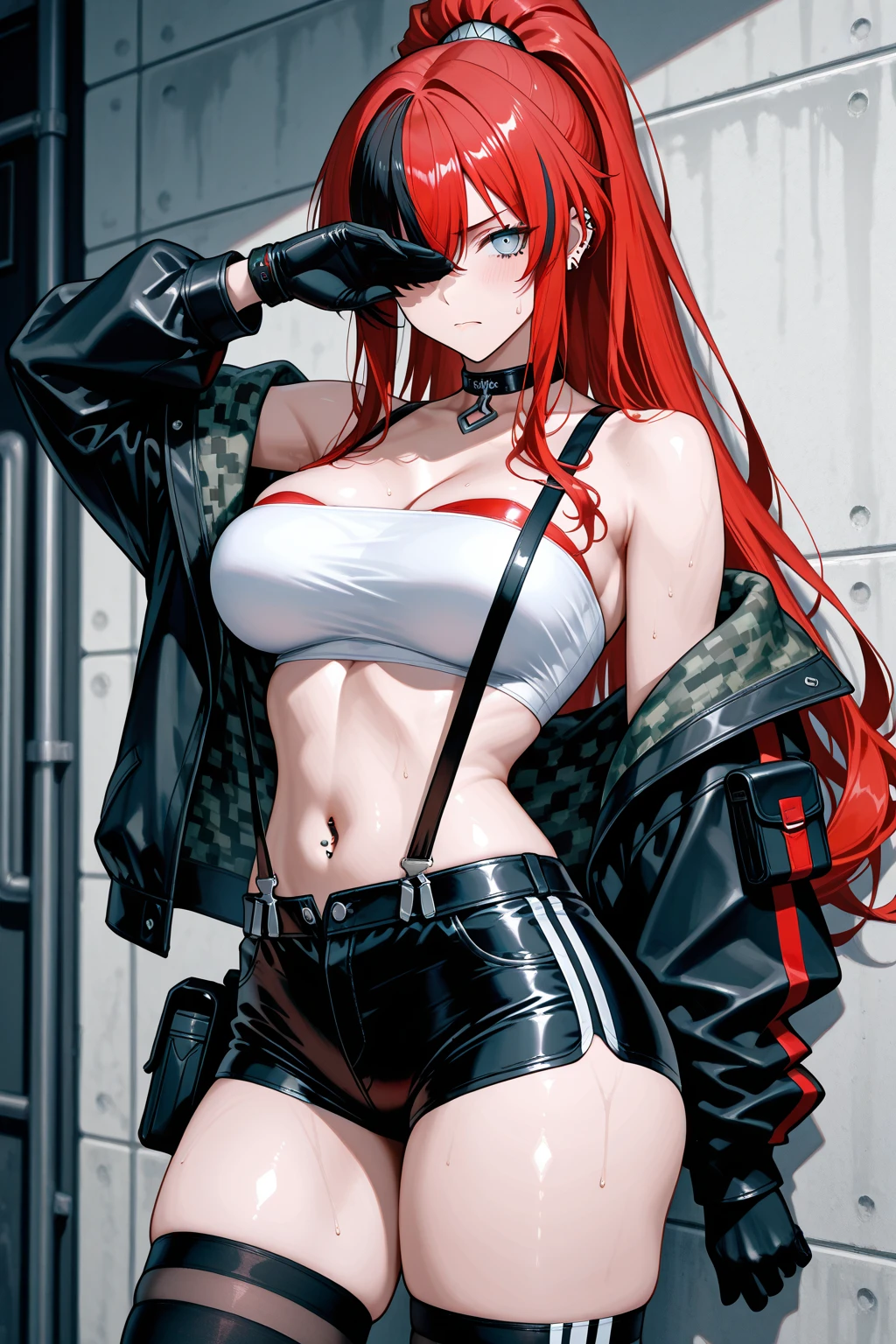 Tall girl, Long red hair, punk, blue eyes, leather blue jacket, red trousers, smirk, open belly, bloods, Masterpiece, hiquality