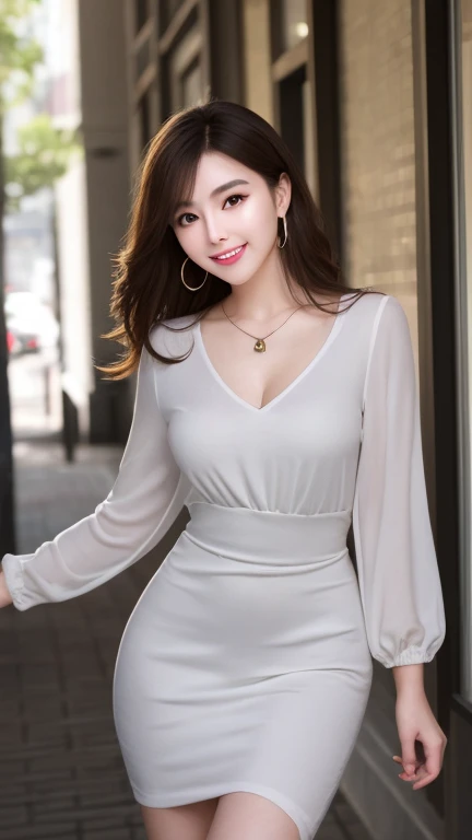 8K, masterpiece, Raw photo, Best Quality, Photorealistic, Highly detailed CG Unity 8K wallpaper, depth of fields, Cinematic Light, Lens Flare, Ray tracing, (Extremely beautiful face, Beautiful lips, Beautiful eyes), intricate detail face, ((Ultra detailed skin)) 1girl in, In the Dark, deepshadow, Pretty Korean girl, Kpop Idol, 1 girl, (Very slim and slender fit muscular body:1.3), ((Looking at Viewer)),(Big smile:1.3), (Midnight, a dark night, (Neon sign), (Blurred background), Dim light), (No people in the background:1.3), Beautiful earrings, Bracelets, Necklace, pantyhose, Clear eyes, Walking , Front shot, (pale skin), (Big eyes), Face forward, (Full body shot), (Brown hairs), open navel, (Looking at Viewer:1.3), Very slim, medium breasts, (Camel toe), thick thighs, turn back, (fluttering mini dress), ((White Collar Dresses)), (Tight skirt), ((front shot)), Ultra mini skirt,