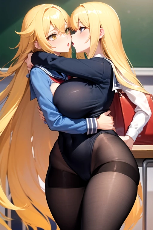 Lesbian (very long loose yellow hair)(big breasts, big thighs)(with school uniform clothes it is very tight) that he is kissing at school with his girlfriend,(big breasts, big thighs)lesbian love