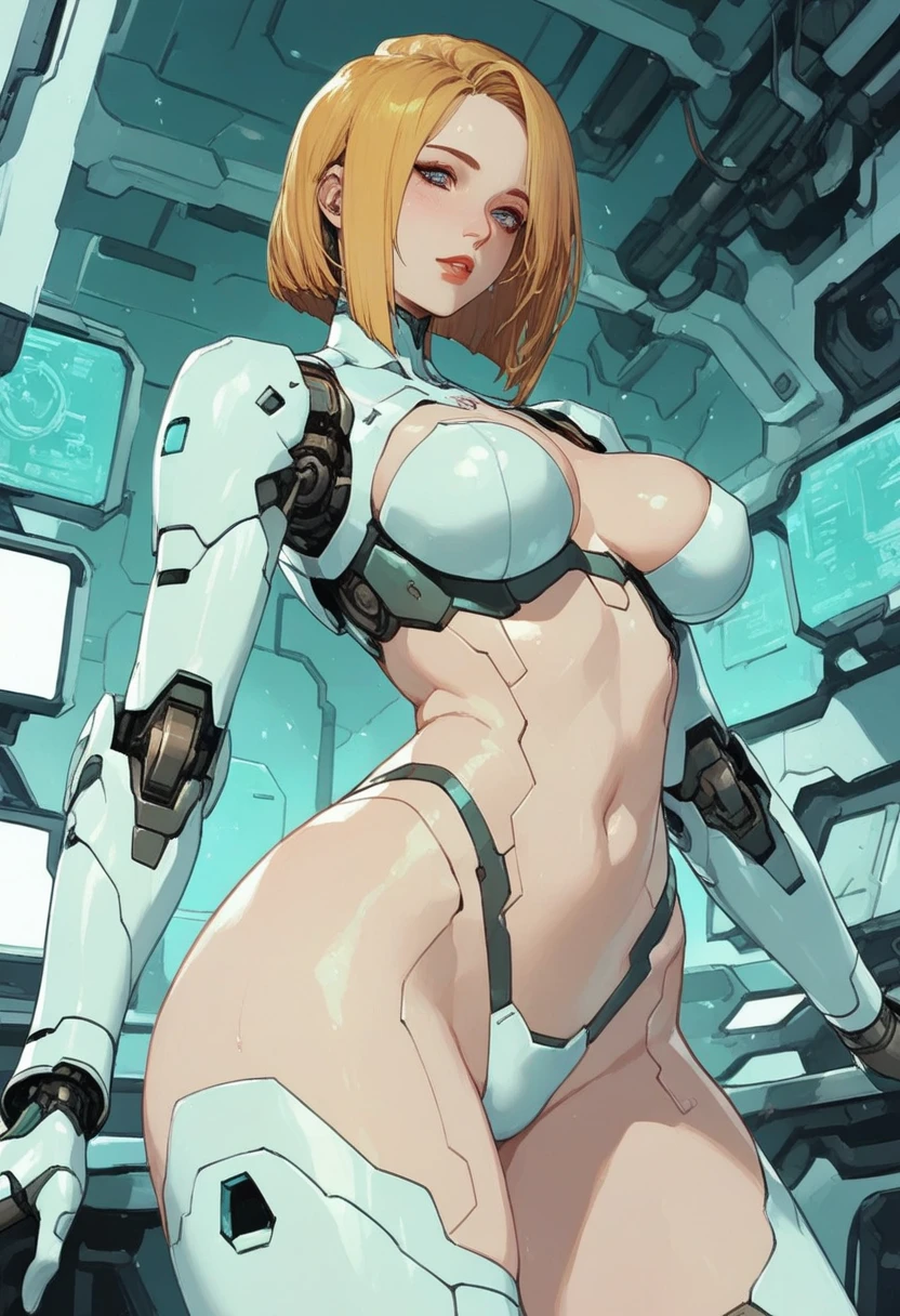 1 girl, ANDROID, Science fiction, bright Eyes, robotic joints, huge breasts, by the width, mechanical parts, lips parted, {naked}, unclothed, exterior, sky, standing, open legs, having lesbian sex