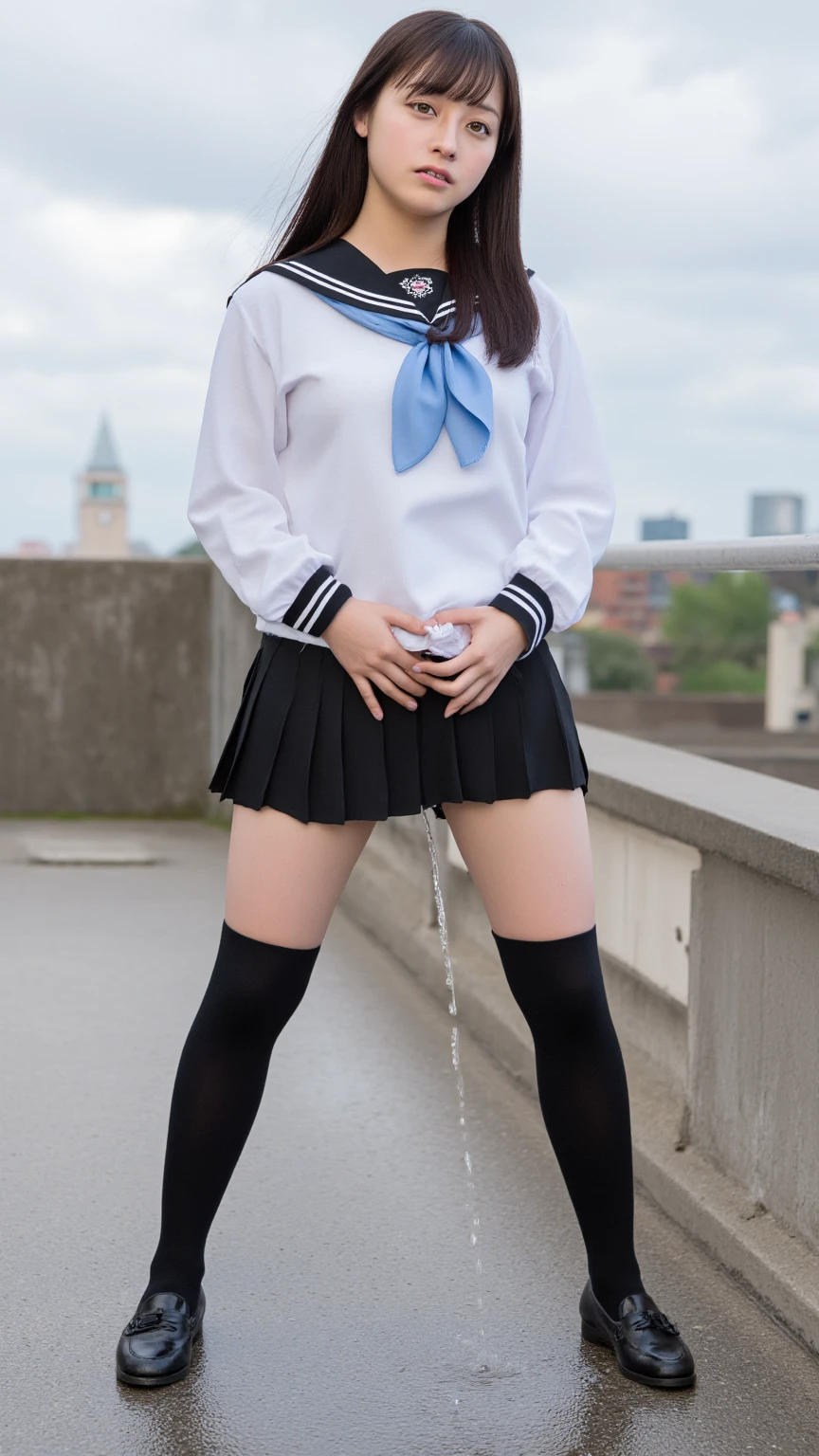 ((highest quality、8k、masterpiece:1.3)),((((fullbody shot)))),Ultra-high resolution,big eyes,Japanese,bangs,(a girl),(1 girl),((20 years old)),((facing at viewer)),(long hair),(((black sailor uniform))),grin,((squatting)),(pleated mini skirt),(((pussy))),((pubic hair)),((skirt lift)),(((black short crew socks))),(((platform shoes)))