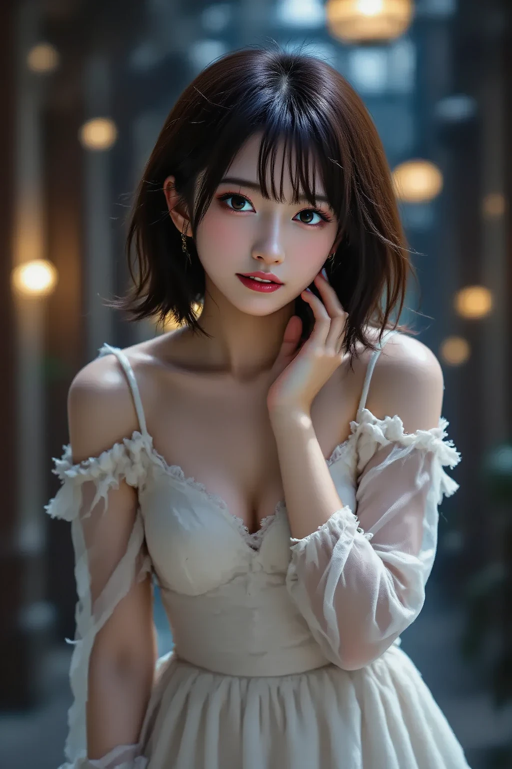 Photo-realistic quality、She wore a sheer black lace dress on the beach.20Japan Female, Black underwear、Young and cute gravure idol, Japanese Model, Posing on the beach, realistic Young Gravure Idol, Young Gravure Idol、 Young Sensual Gravure Idol, Cute Core、looking at the camera、Detailed and beautiful eyes、soft and gentle expression、Smiling Kindly、High angle