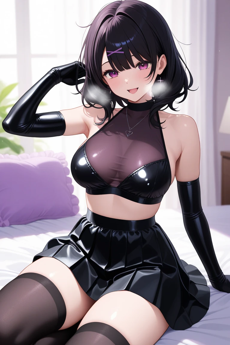 {lady with shoulder-length black hair named Rico}, business suits,tall,''short hair,lovestruck,grossy lips, (It feels like saying Hello, daytime hours), indoor,{going out style}, ((Heart-shaped choker) ), (office room), Bright background,purple eyes, Mole under the eye, Heart-shaped choker, ((Masterpiece)), Highly detailed CG Unity 8k wallpaper), Top quality,, Detailed background, beautifully detailed eyes, heart shaped pupils,hollow eyes, looking at viewer,(very delicate and beautiful)), ((beautiful) eyes (detailed description),extra large breasts, browse,shirts,black vest,floating heart,sadistic smile,growing eyes,try to show me breasts and lingerie,black lace,shirts,earring,from above,tight skirt,thighhigh,put hands on mouth,glowing eyes,embrassing,
