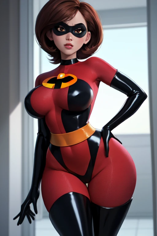 ((masterpiece)), ((photorealistic)), ((8k wallpaper)), ((best quality)), (perfect quality), solo, (detailed eyes), girl, Helen Parr, brown hair, short hair, very beautiful, young, pose: (front view, sexy pose, front view, shy pose, standing), face : (young, makeup, (perfect face), thin face, detailed face, (simmetric face), (very beautiful face), very beautiful, cute face, young, big eyes), ((getting very fat, weight gain)), figure: ( very full body, very full figure, (huge breasts), overweight, very curvy, very thicc, (very chubby), (very chubby belly), (very chubby belly bottom), very thick, wide waist, big deep navel, very soft, fat rolls, (belly bulge), very curvy, love handles, wide hips, sexy curves, fed up, sexy, muffin top, very thick thighs, thunder thighs) , clothes : (tight latex bodysuit, red bodysuit)