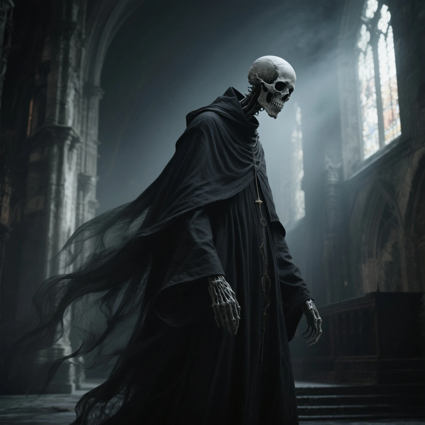 The Grim Reaper, horrifying apparition, menacing, high chaos, dark academia atmosphere, intricate work by Johan Grenier style, Alyssa Monks style