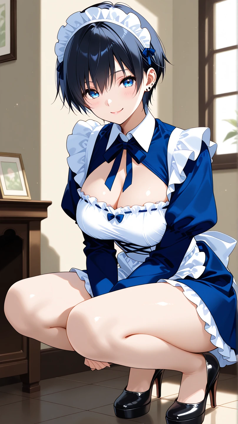 ((masterpiece, best quality, ultra-detailed):1.5), ((an extremely delicate and beautiful)), ((((illustration)))), (realistic:0.6), (extremely detailed skin), detailed fingers, absurdres, intricate, ((beautiful detailed eyes):1.3), (((16years old))), blue eyes, black hair, short hair, blue hair ribbon, blue headband,large boob, (cleavage:1.5), ((extremely delicate and beautiful fabric):1.3), looking at viewer, (seductive orgasm smile), blush, slender, slim, very clear, ((glistening skin)), (((oily skin))), ((wet skin)),(((cute face)))、(maid apron:1.5)、(mini skirt:1.5)、(white Side tie panties:1.5)、(Sitting with Knees Up on sofa at living, spread legs:1.5)、living room、sex，nsfw、