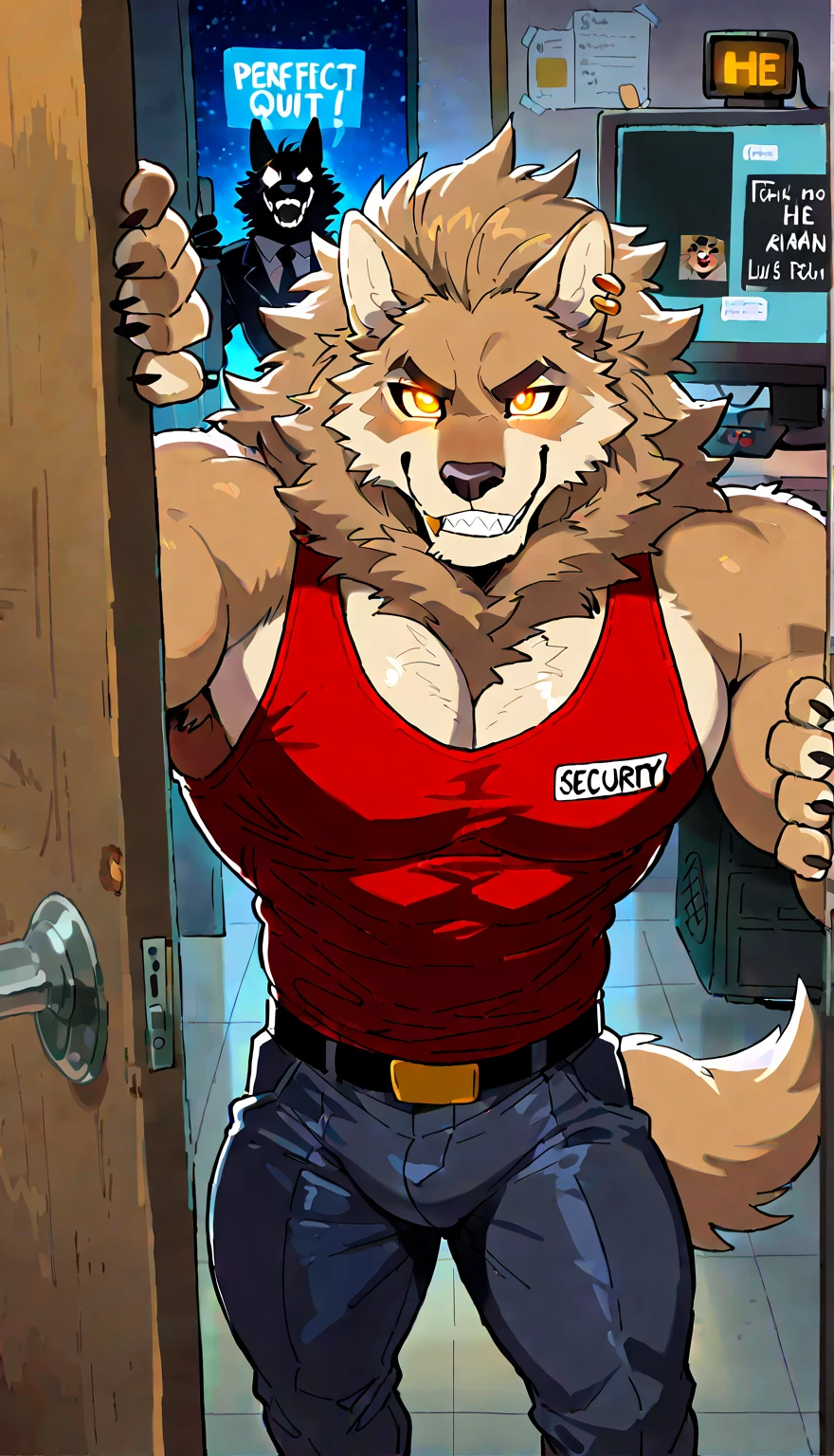 Security officer Dyne is in his office, looking at the many video monitors of Freddy Fazbear's pizzeria. Animatronic Cornelius is sneaking up him!!! BREAK Dyne is a black werewolf furry anthro fazbear security guard. He is smaller than Cornelius. couple, duo, 2 characters.
g score_9, score_8_up, score_7_up, score_6_up, dynamic pose,masterpiece,anthro, (Cornelius, Male, furry, Lion anthro, Medium muscular lion, no mane, brown, light brown lion, feline, long brown pony tail hair, lion ears, wearing tiny gold round glasses, , hands, standing, posing, good , arms, male , perfect , perfect body no defects, hands, 5 fingers, perfect hands, completely perfect body, 4k (Realistic eye details 1.2), fluffy fur, source anime, best quality, anthro, A muscular lion man with a strong build. He has a well-defined jawline and a serious expression. His fur is brown, pony tail long, and he has no mane, Mature male, anthro, feline, animatronic, robot, good drawn sharp teeth, no blur, red body, claws,sharp teeth, gold tooth, gold (metal),shredded ears, animal ears,ear piercing,jewlery, animatronic, robust body, friendly appearance, blue and white metallic fur, red vest, and gold accents, glowing eyes, warm smile, big dumb smile, Highly detailed, white sclera, yellow eyes, male,countershade,fur,white sclera,tall male,hairy male,one hooked hand,muscular male,damaged body,black robotic legs,damaged pec,high angle,close up. Fnaf, Pizzeria security office background. by null-ghost, masterpiece, best quality , furry, wolf, Two tons of fur, ( black fur :0.8), Broad shoulders, Narrow waist, monitors, camera, night, High Quality, Masterpiece, beautiful, s drawings on wall, cupcake on the shelf, guard tools, fan, various small Freddy Fazbear plushies, messy office, open door to pure darkness