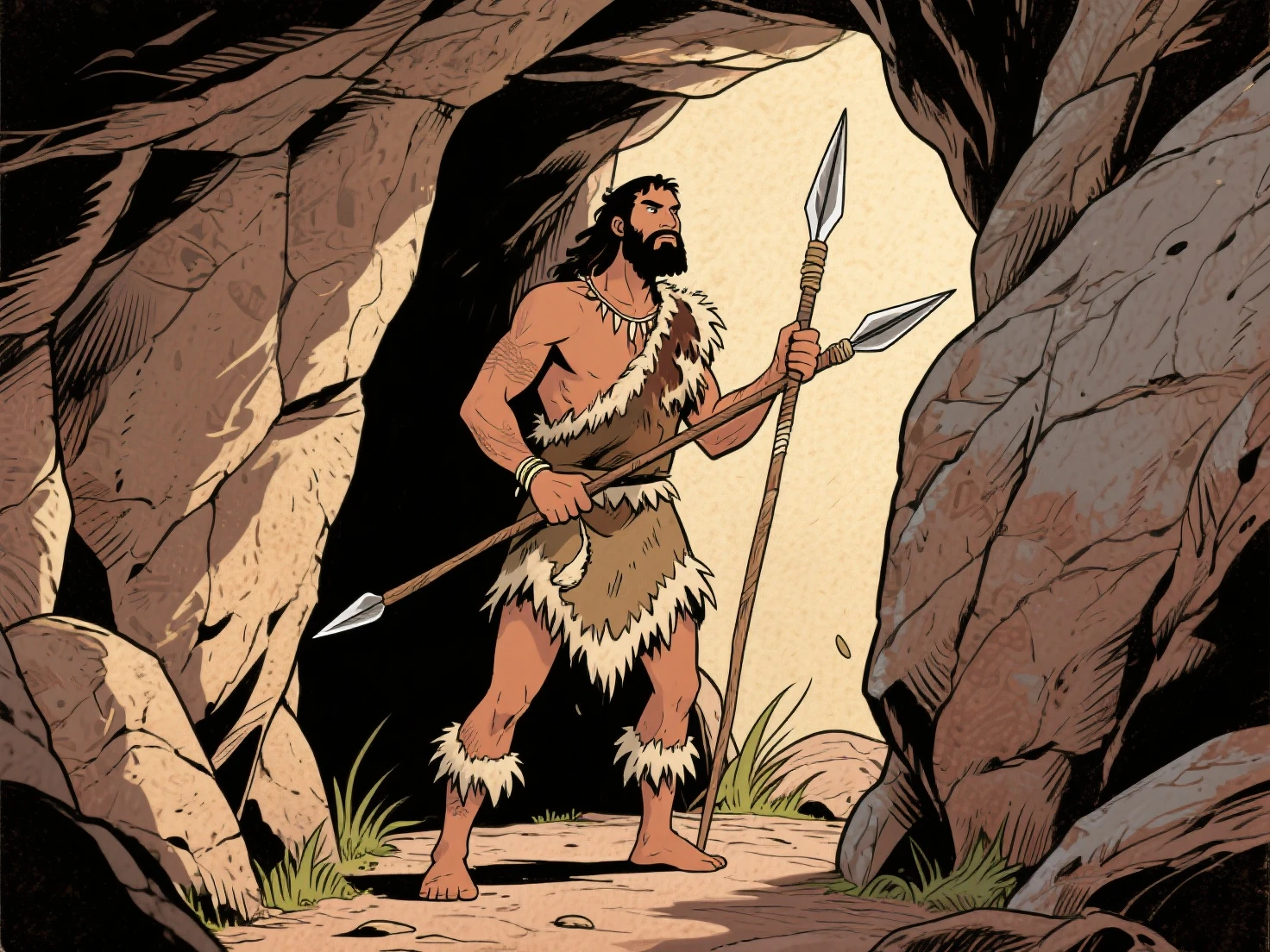 master part, Homem de Neandertal comendo carne, best quality, Hominid feeding, Destaque para as roupas de couro, Pouca luz.
