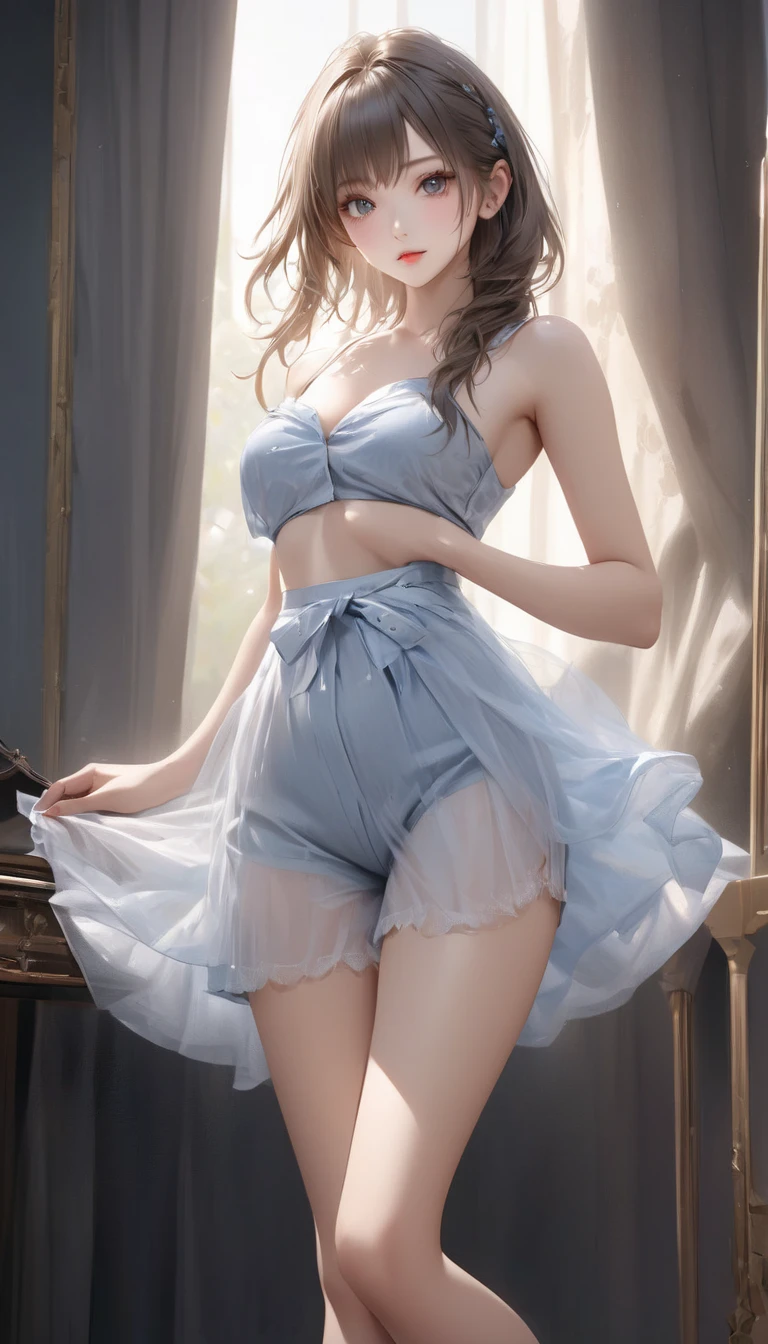 Masterpiece, highest quality, high resolution, solo, small breasts, leaving home, short blouse, no bra, Latina, adolescent, transparent panties, jumping window, from below, Both thighs are exaggerated, lascivious, bed, shaggy underwear, heavy breathing, sexual expression, open legs