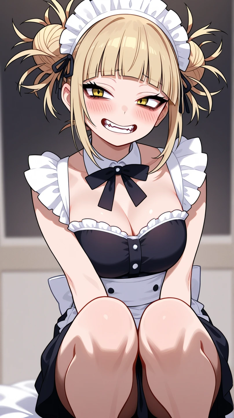 (One girl)、(bob cut)、(flipped hair)、((Blonde))、(Sato Air)、slan eyes、((Big super breasts))、((Chubby))、beautiful girl、green eye、Maid clotheini skirt、White sleeveless、((hairs between eyes))、((thigh-high socks thighhighs))、(long gloves)、say、White Background、