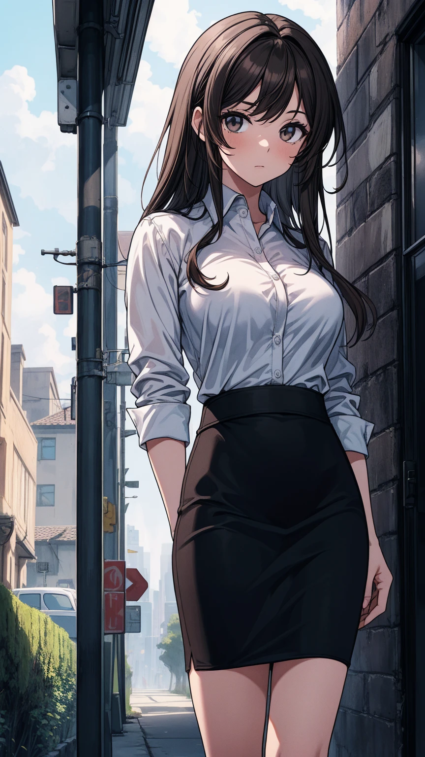 ((super high quality,Ultra-high resolution,16K,super masterpiece,Ultra HD ,Detailed shading,))Full body photo,A hill illuminated by the setting sun,One sexy mature woman,((popped Tight collar Pink shirts,SEXY cleavage,))Folded sleeves,Red pencil skirt,Brown medium long hair,Hair disheveled by the wind,smile,blush,Thick lips,Sweaty,A small amount of drooling,slouch,Put your hands between your legs,