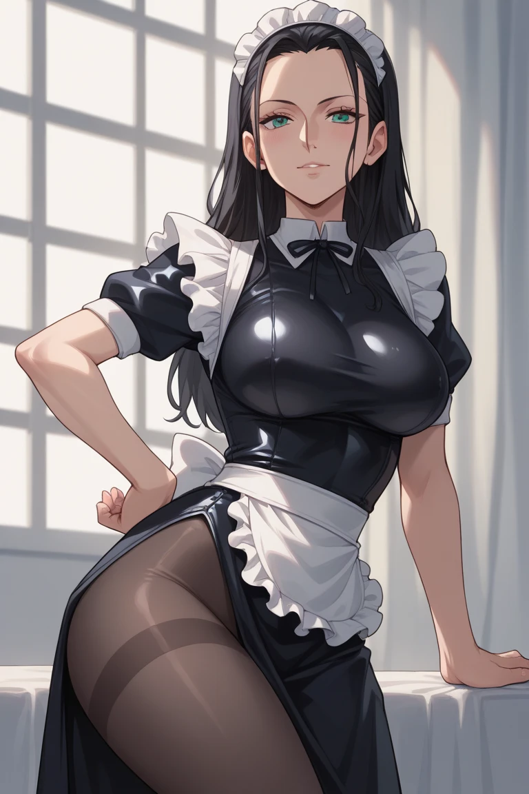 1girl, American, Beautiful, Big Breasts, Latex Maid Outfit, Latex Gloves