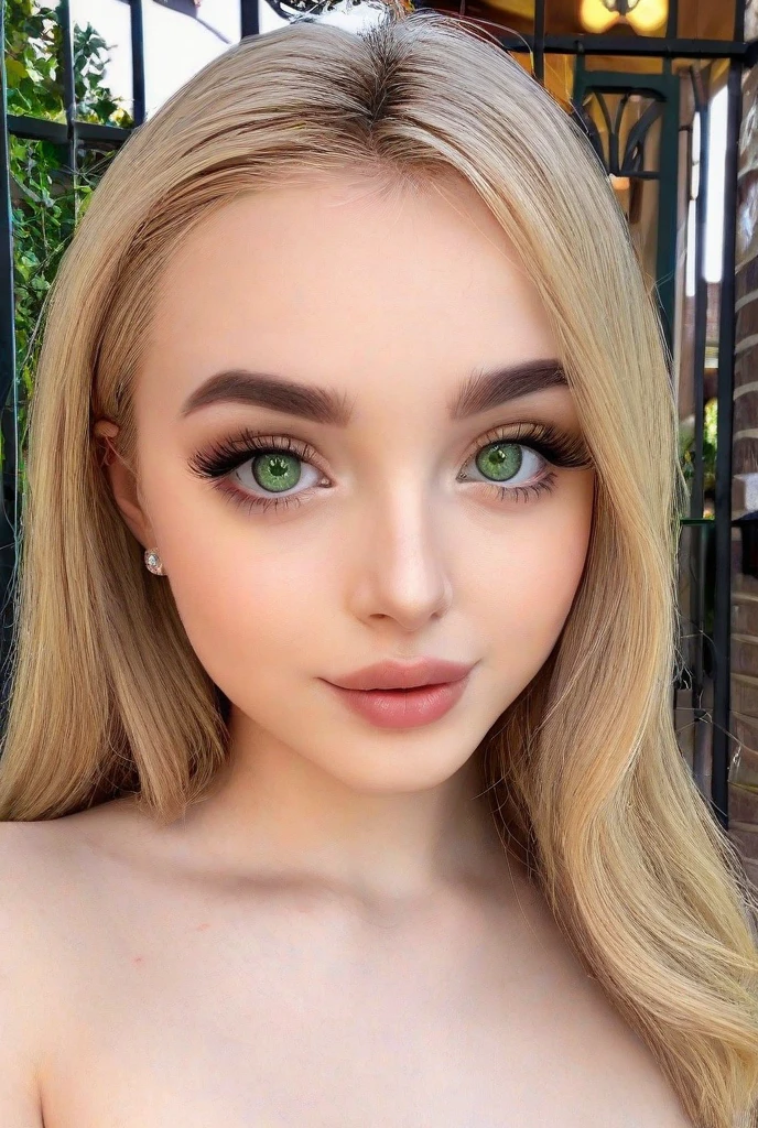 arafed woman fully ,  with green eyes, ultra realistic, meticulously detailed, portrait sophie mudd, blonde hair and large eyes, selfie of a young woman, bedroom eyes, violet myers, without makeup, natural makeup, looking directly at the camera, face with artgram, subtle makeup, stunning full body shot kneeling on bed, in bedroom, medium to large size bust