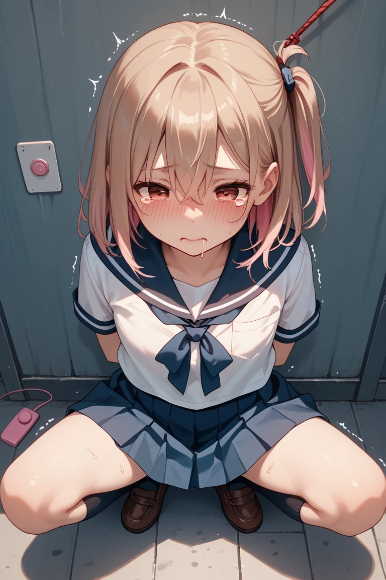 (1 tiny human girl, girl with anatomically perfect body, ultra detailed hands, Perfect hands, ultra detailed face, detailed pussy, cute eyes, pale skin:1.3), (headband, tunic blouse, frill skirt, boots:1.2), (have to pee, strong need to pee, couldn't hold pee, couldn't stop squirting pee, sweat:1.5), (no choice but to strong hold her pussy, transparent forceful stream squirting pee from urethra pussy, Incontinence, pee flowing down lower legs:1.5), (erotic twist of the body:1.2), (leaning forward:1.1), (noon, clear skies, public toilet, in front of ceramic floor-level toilet, toilet door, very bright:1.4), (blush, embarrassed, breathless, sigh, pleasure, ecstasy, half-closed eyes, head tilt, looking away:1.2), pull up her skirt and cross arms, (panty pull aside), (Put heel on the floor), (closed eyes, half opend month:0.9), (Best Quality, masterpiece, 8K, ultra detailed, strong light coming in:1.4), lower body, worm's eye view,