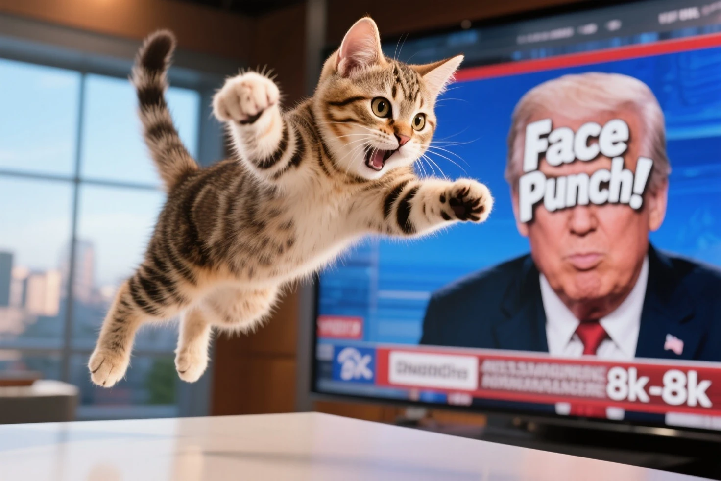 最High Quality,4K,8k,high definition,masterpiece:,ultra detail,masterpiece, High Quality, Natural lighting,dramatic、face punch、cat punch、kitten、jump、TV news、kittenがjumpしてTV画面の政治家の顔面にパンチ、Comical、satire、society、Comedy、cute、