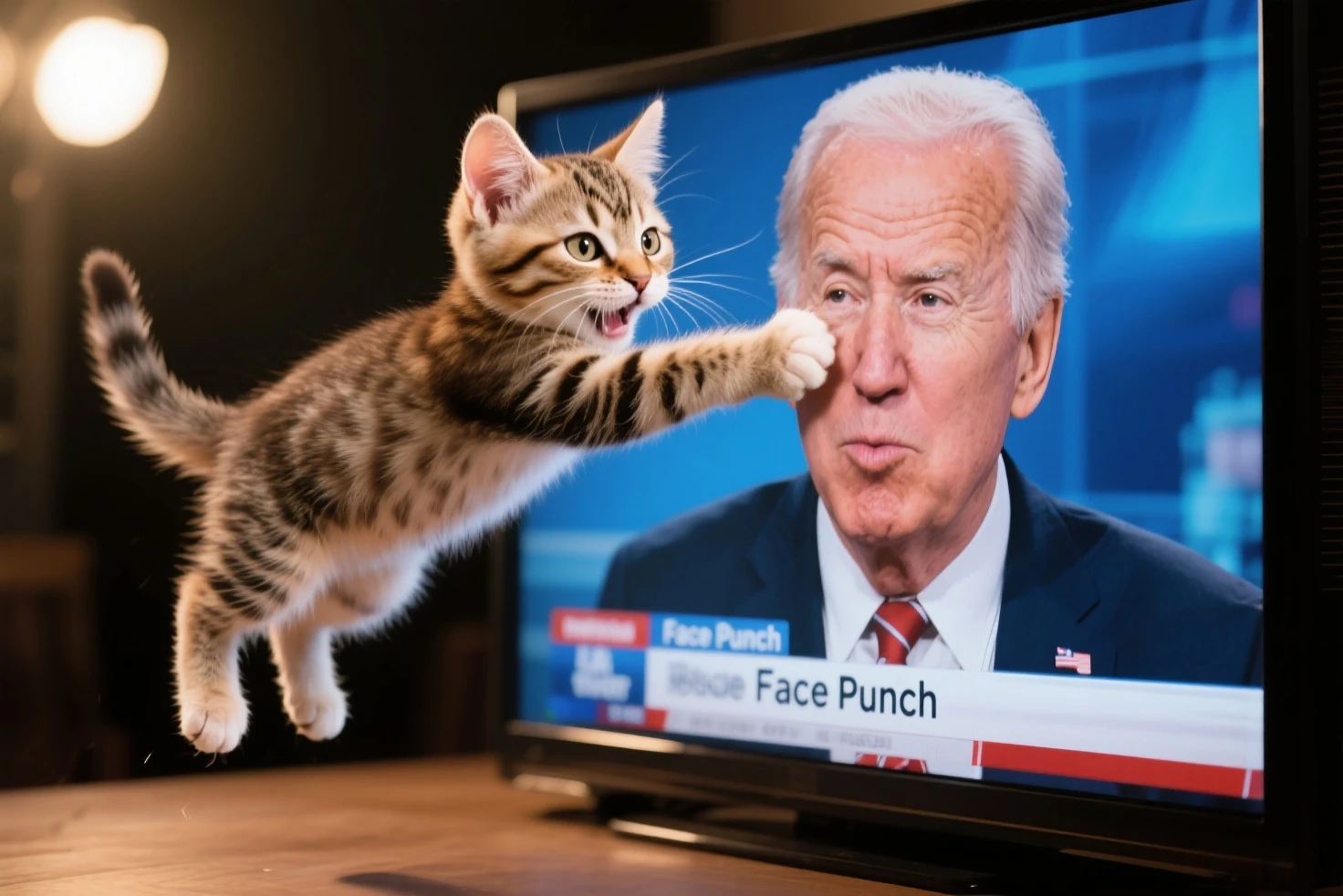 最High Quality,4K,8k,high definition,masterpiece:,ultra detail,masterpiece, High Quality, Natural lighting,dramatic、face punch、cat punch、kitten、jump、TV news、kittenがjumpしてTV画面の政治家の顔面にパンチ、Comical、satire、society、Comedy、cute、