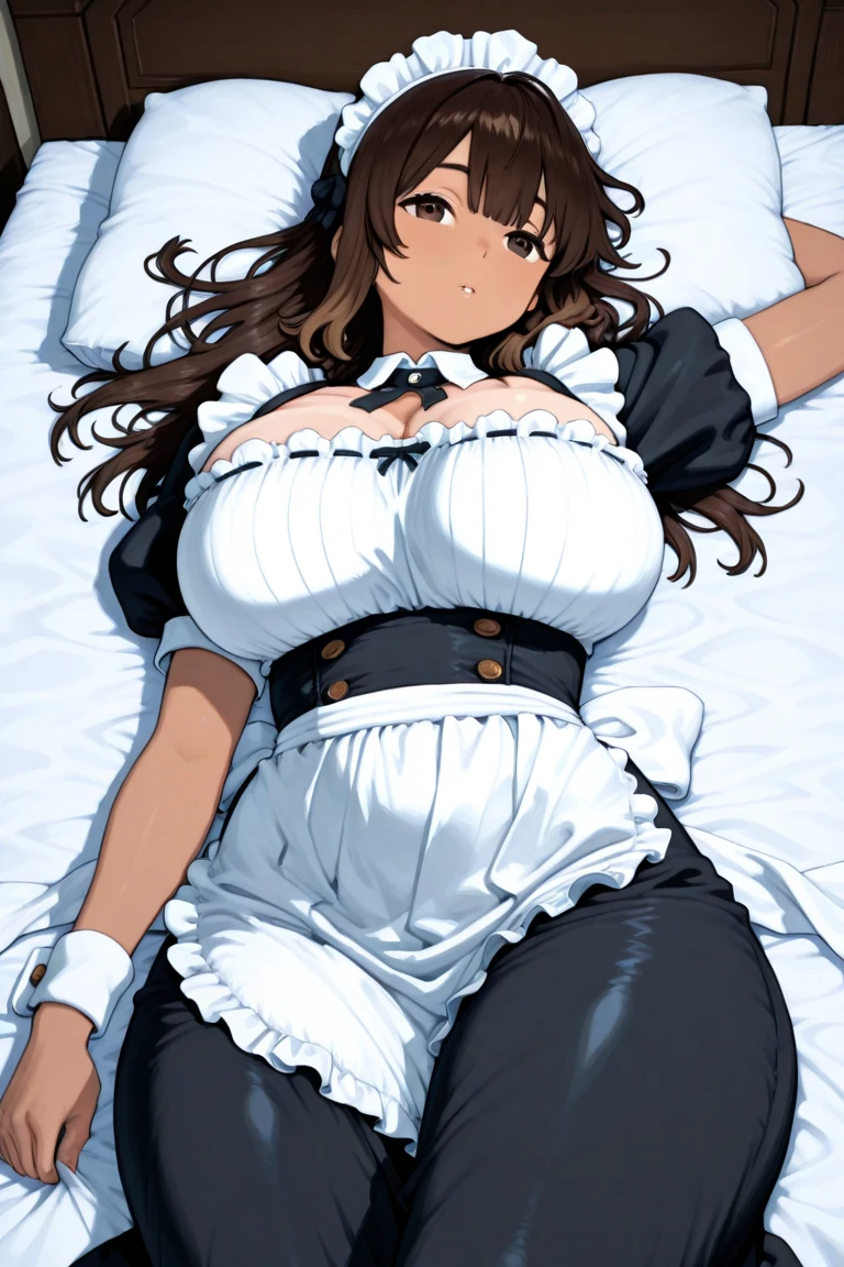 1girl, aster nemesis, ((dark-skinned)) , black hair, very long hair, yellow eyes, , twin tails, looking below, , , tanned body,, ,,,,,(spoken heart),(((maid costume))),miniskirt,thighhighs,,,smile,((huge breasts)),pov,s