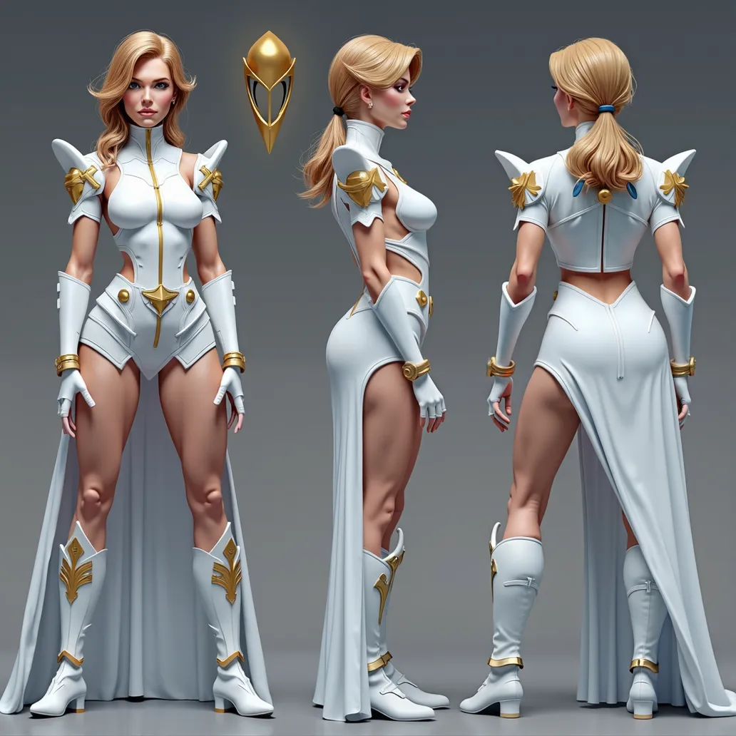 3d, 3d render,, ultra detailed, masterpiece,a confident woman warrior with long straight blond hair, blue headband, white cape, green bodysuit, blue leather boots, fantasy style 3d, 3d render,