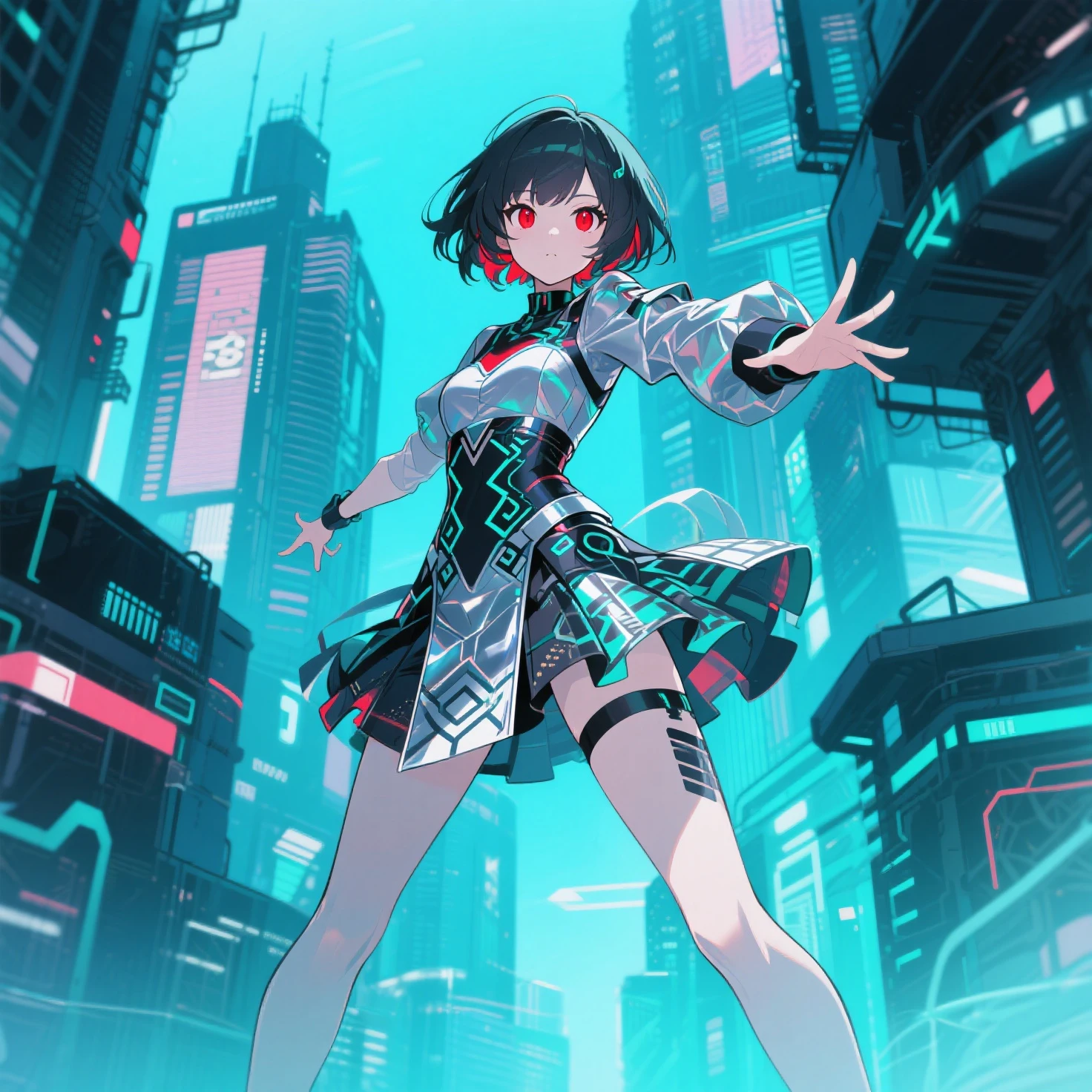 {masterpiece}, {best quality}, {very aesthetic}, {ultra-detailed}, {best illustration}, night, realistic, lady, ((very short hair)), round eyes, embarrassing, full body,(neon sign), neon dress, wide angle, bird view, river side,