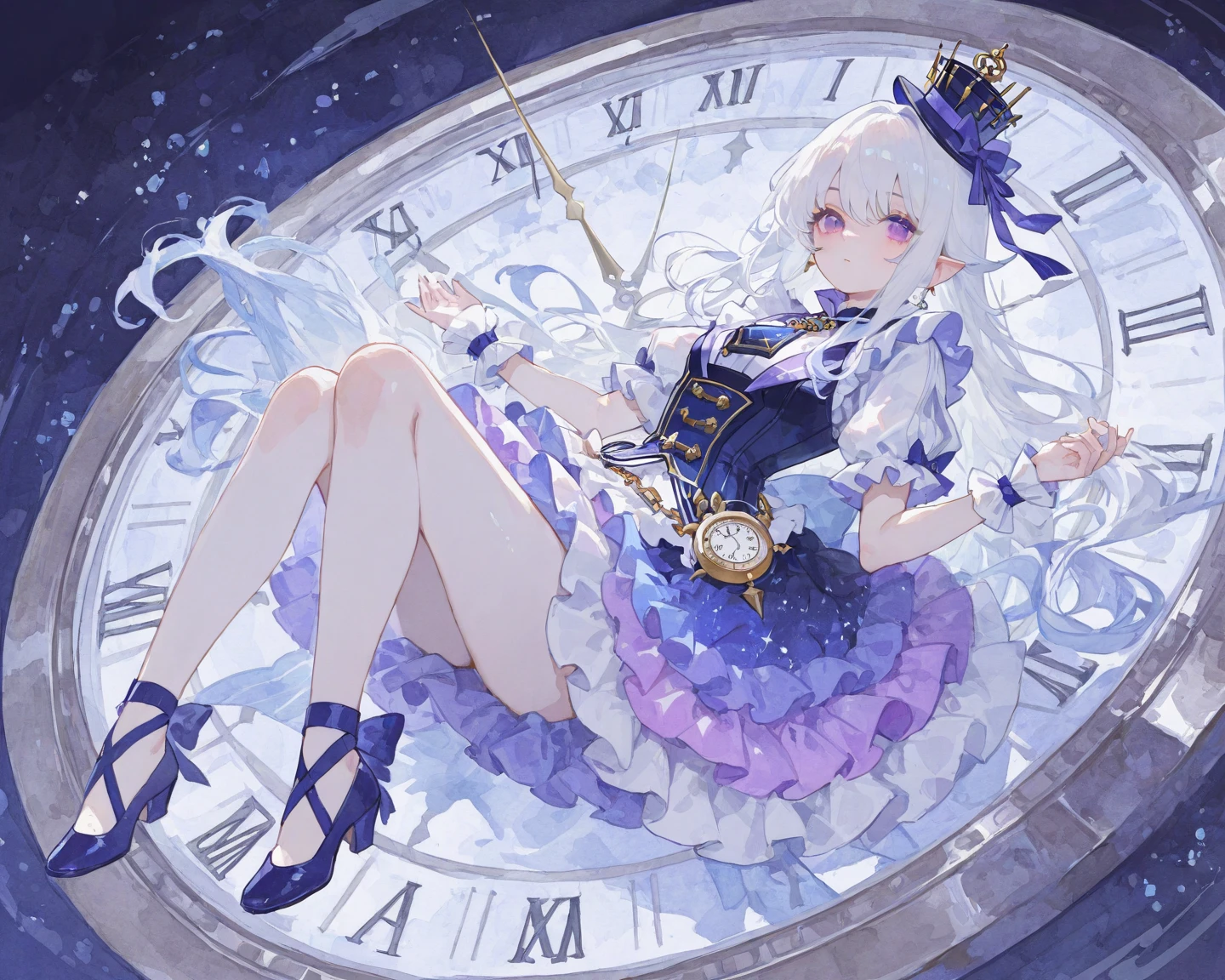 high resolution,woman, long hair, blue eyes, white hair,earring,Rings on the head, chest, decorationsผม, decorations, scope clock, best quality, Rings on the head, simple background, Proximity,serious,square around,universe,Floating Island,Black hole,Dress,sea
