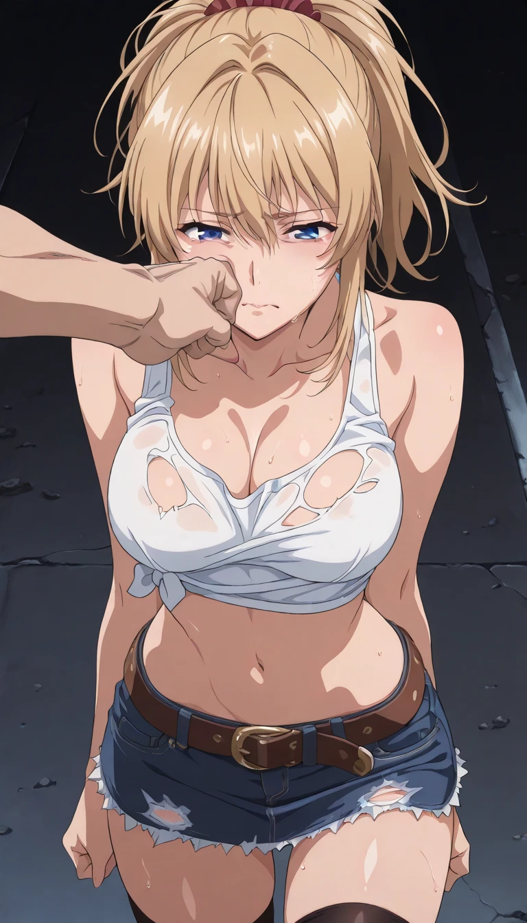 {{cowboy shot, straight-on}} {{Artist: Sincos}} 1girl, solo, muscular female, mature female, androgynous, tomboy, nervous, blush, blonde hair, very short hair, bob cut, green eyes, indoors, window, bedroom, armor stand, chest sarashi, boxers, nude, looking at viewer, covering breasts, medieval fantasy.
