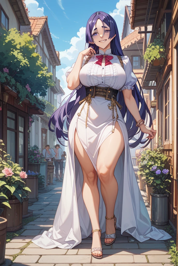 (masterpiece:1.37), best quality, (extremely detailed:1.37) woman, (adult:1.5), (very long hair:1.5), dark purple hair, purple eyes, (extremely detailed eyes:1.37), breasts, (very long dress:1.5), (very tight dress:2.0), white dress, (wetting herself:2.0), standing straight, full body day, daytime, glow, facing viewer, perfect composition, full body, city, street